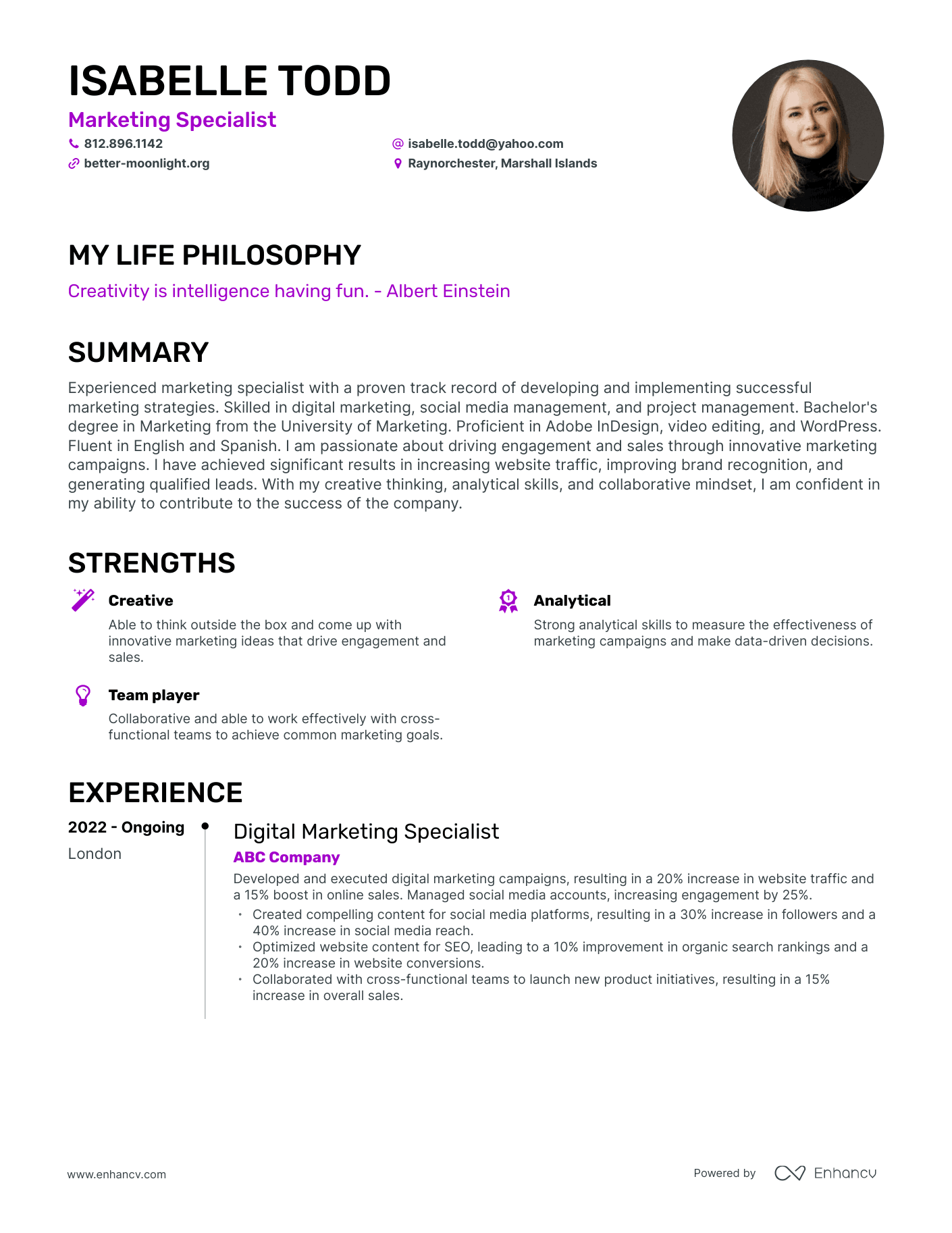 Creative Marketing Specialist Resume Example