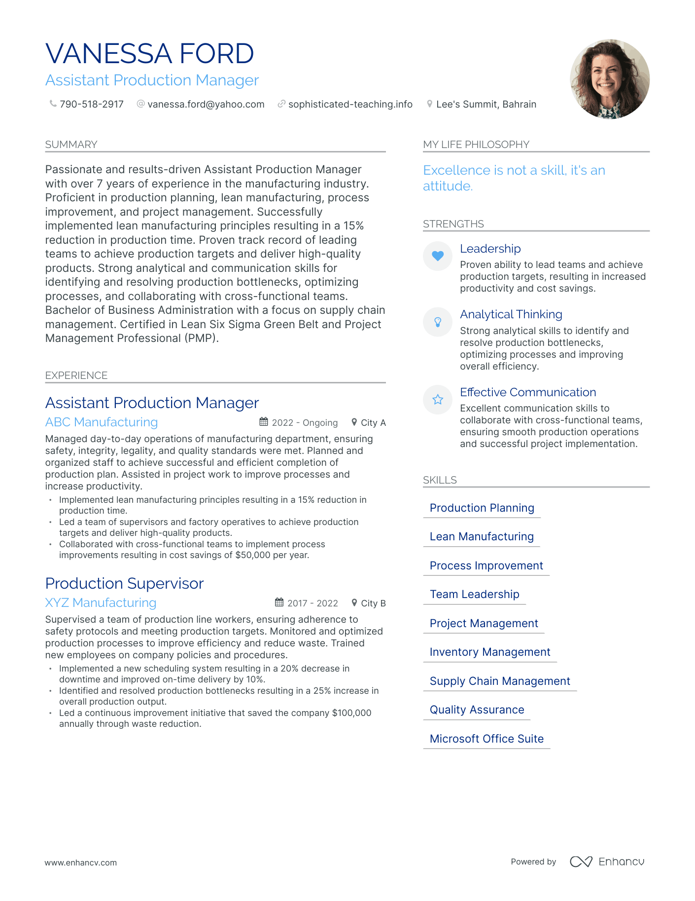 Modern Assistant Production Manager Resume Example