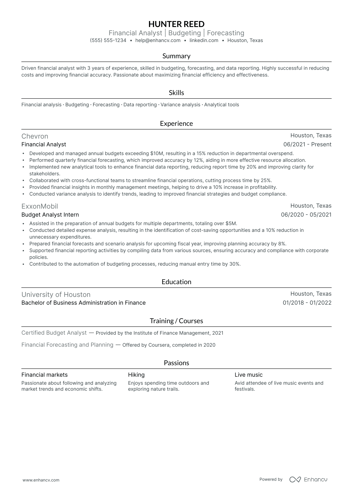 Financial Forecasting Analyst resume example