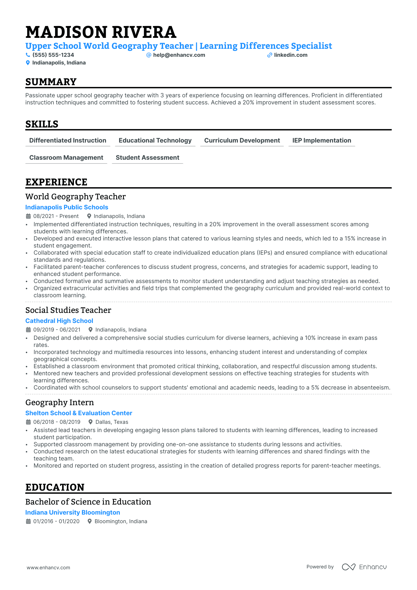 Geography Teacher resume example