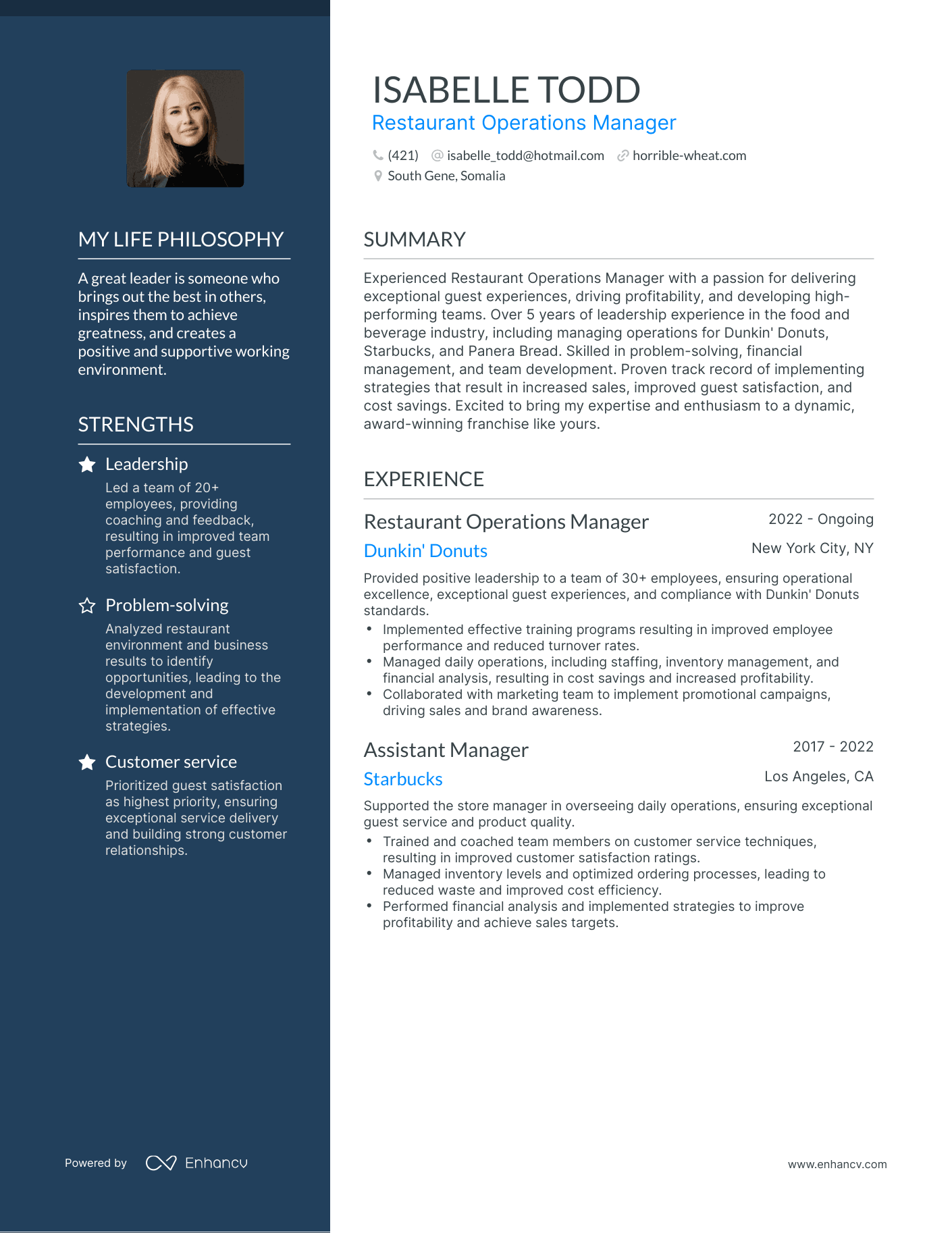 Creative Restaurant Operations Manager Resume Example