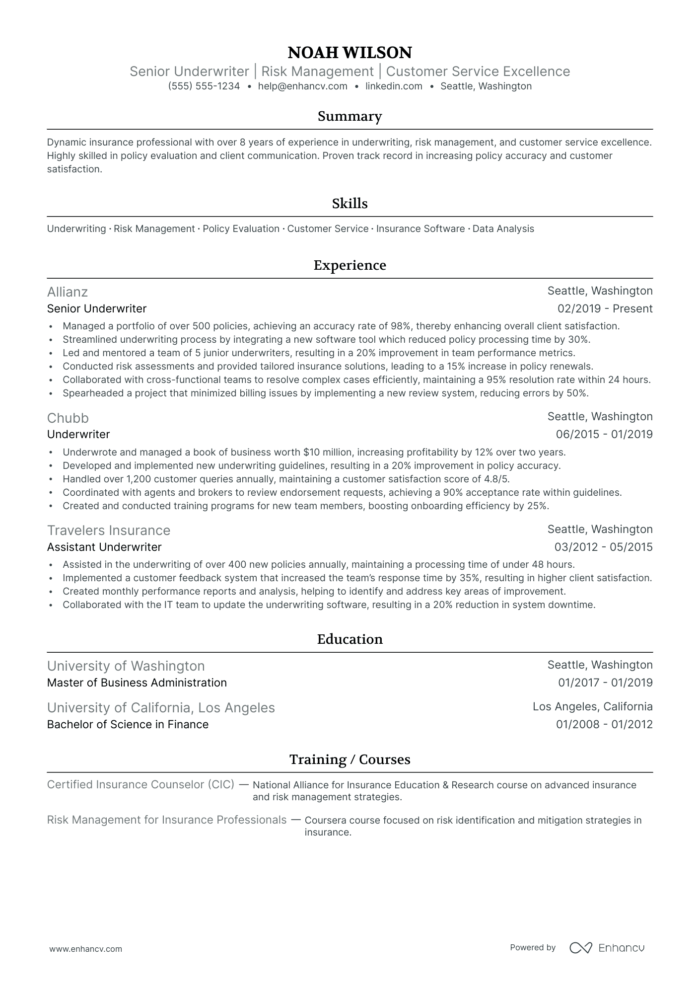 Junior Underwriter resume example