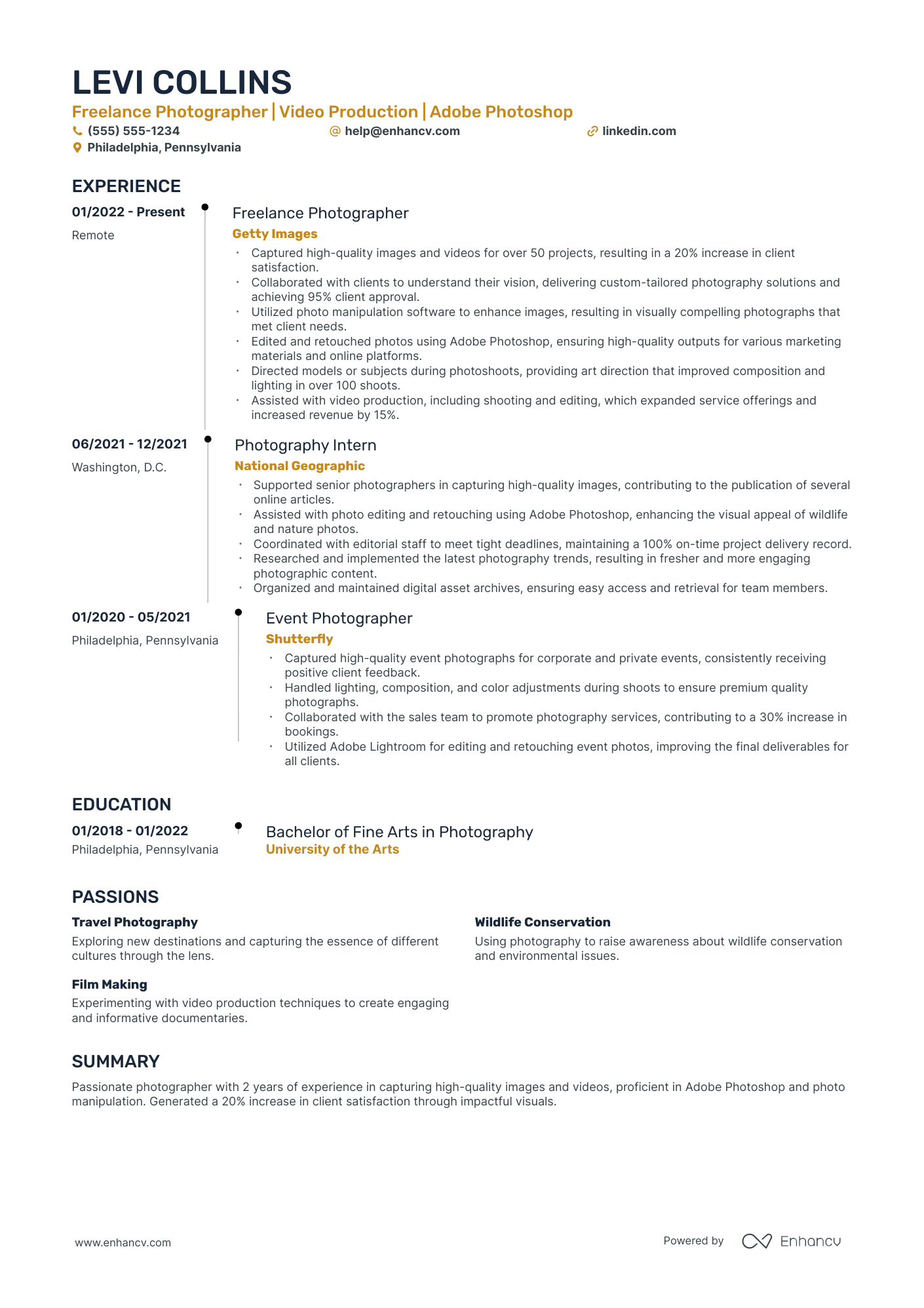 Freelance Photographer resume example