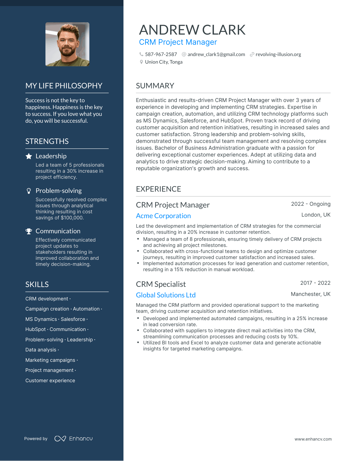 Creative CRM Project Manager Resume Example