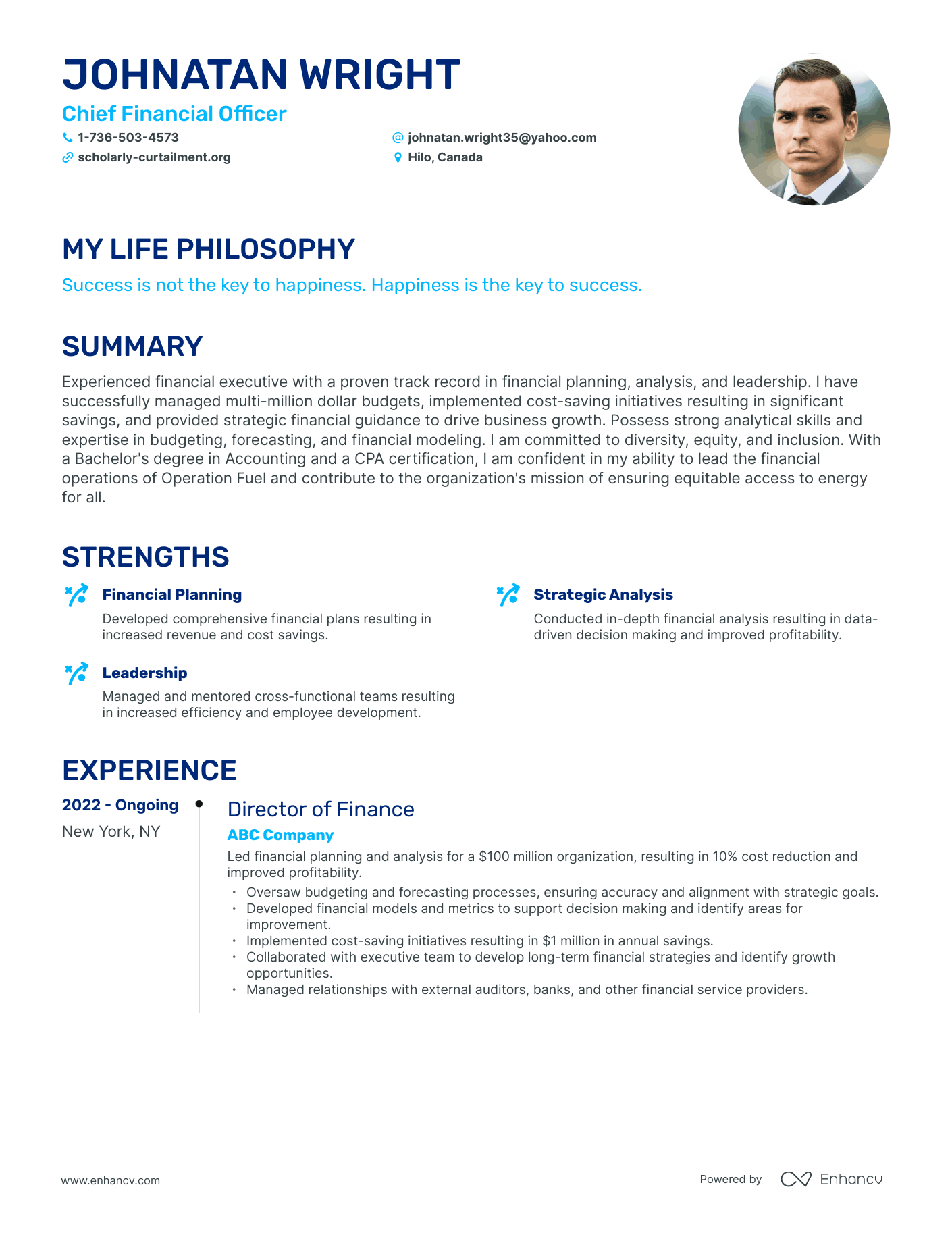 Creative Chief Financial Officer Resume Example