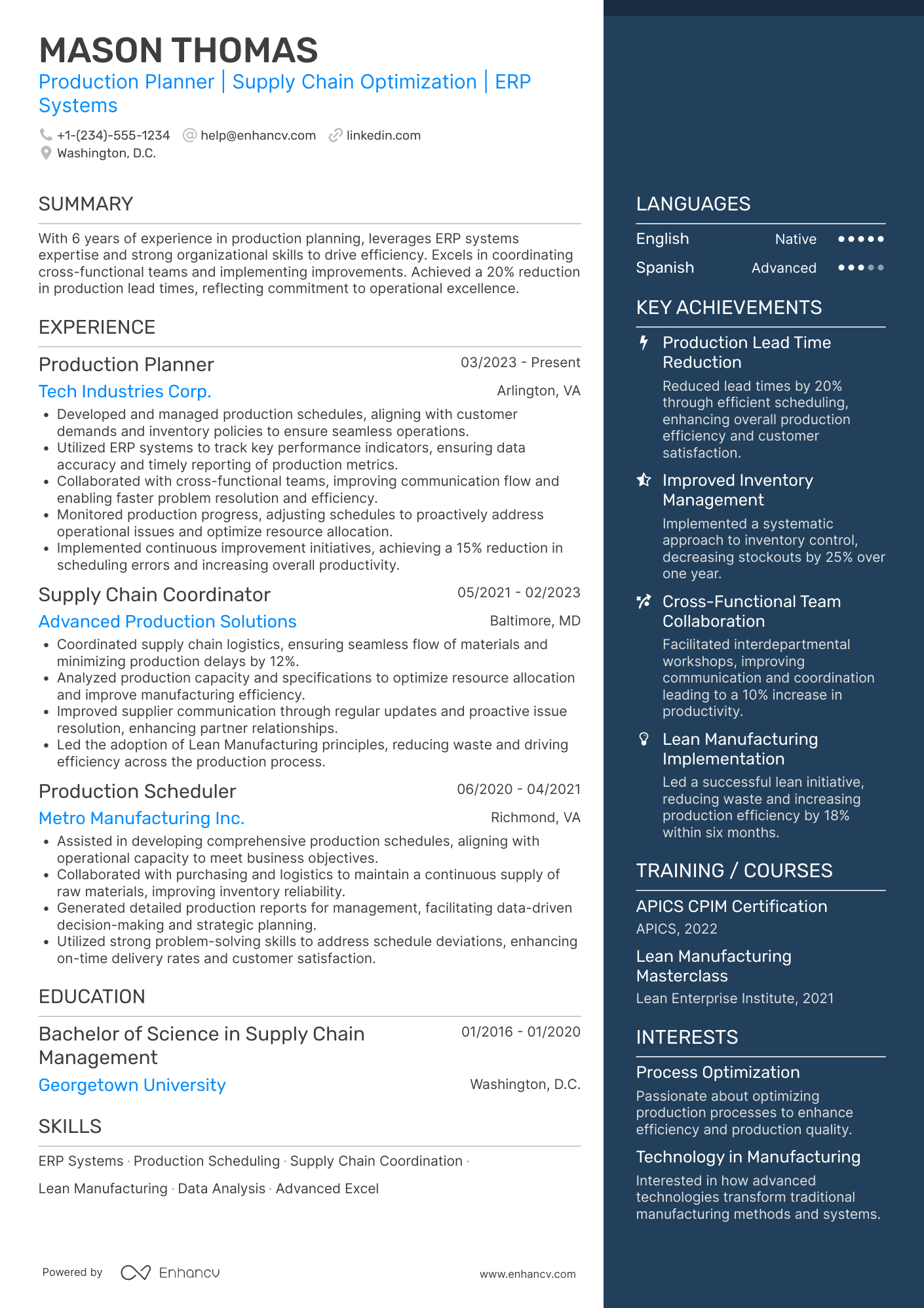 Production Planner resume example