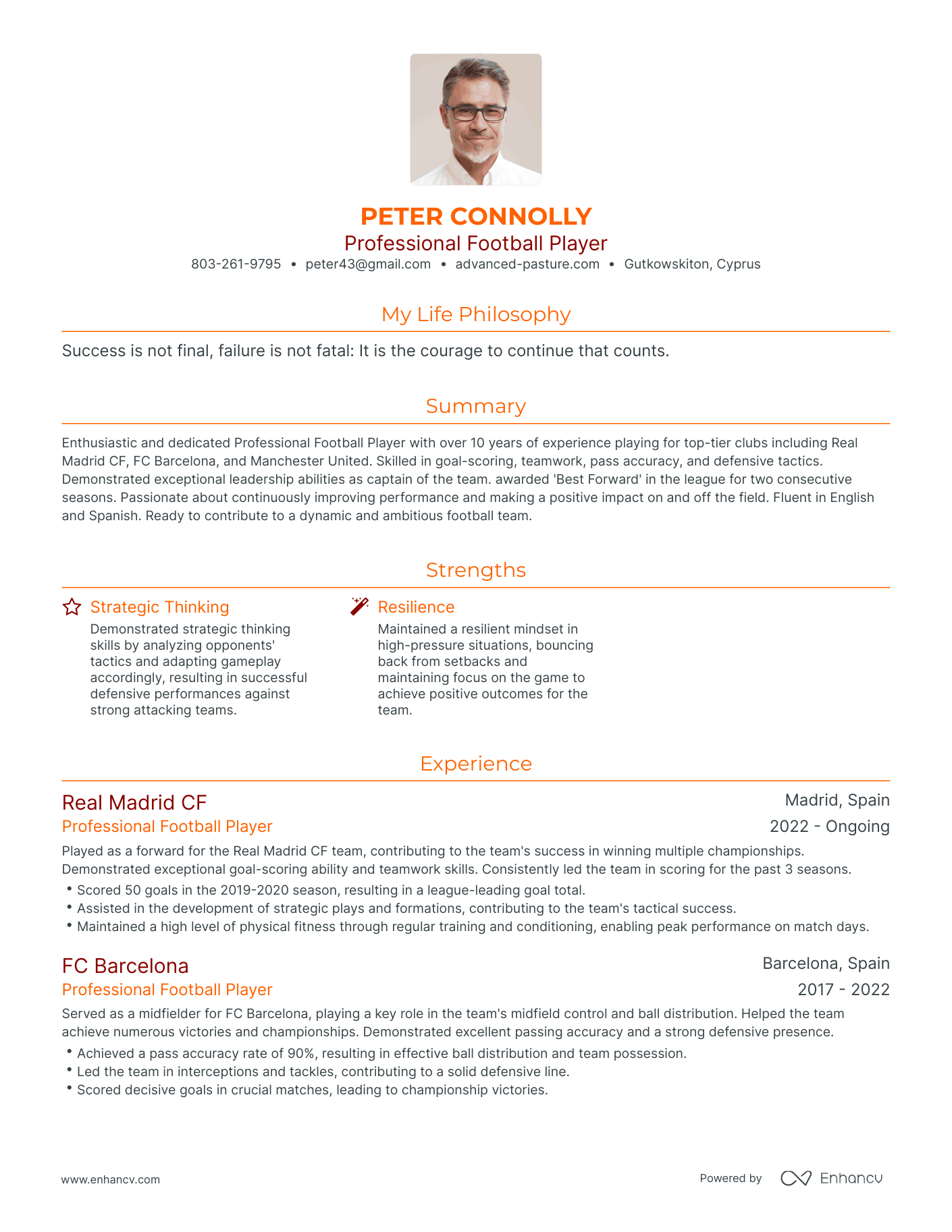 Modern Professional Football Player Resume Example