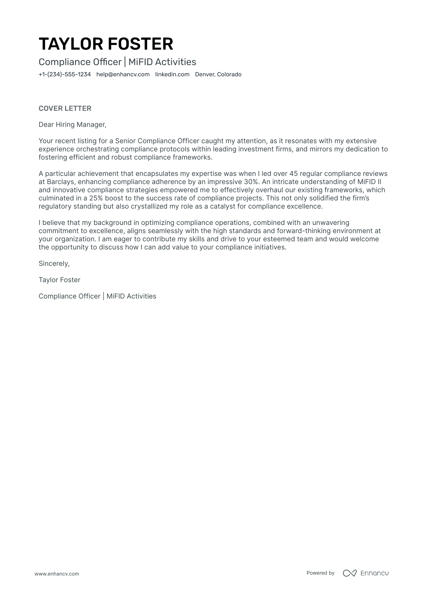 Compliance Officer cover letter