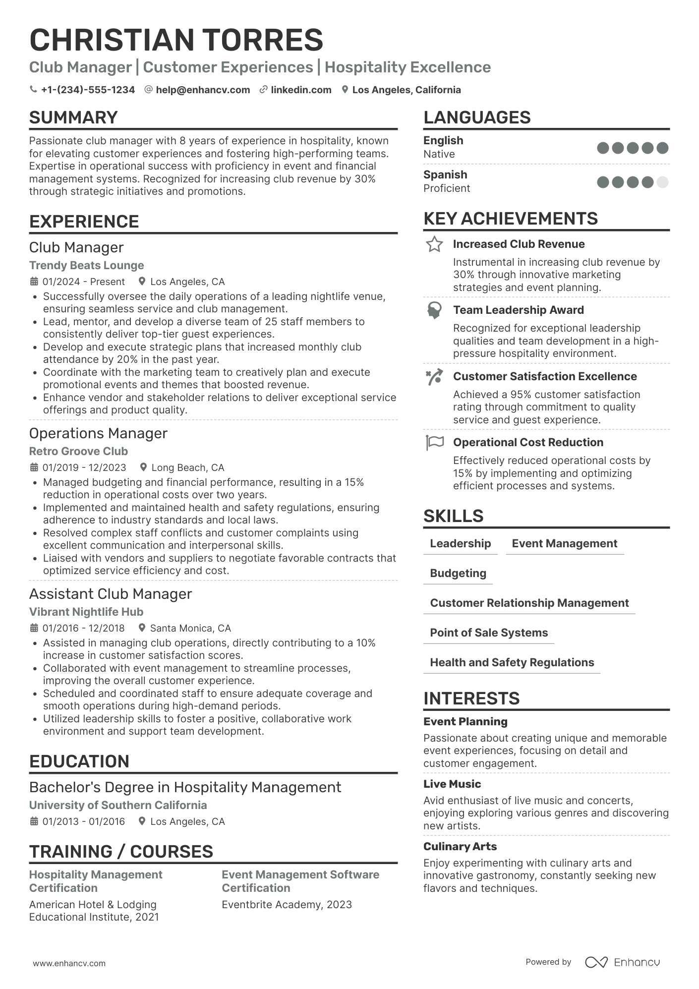 Club Manager resume example