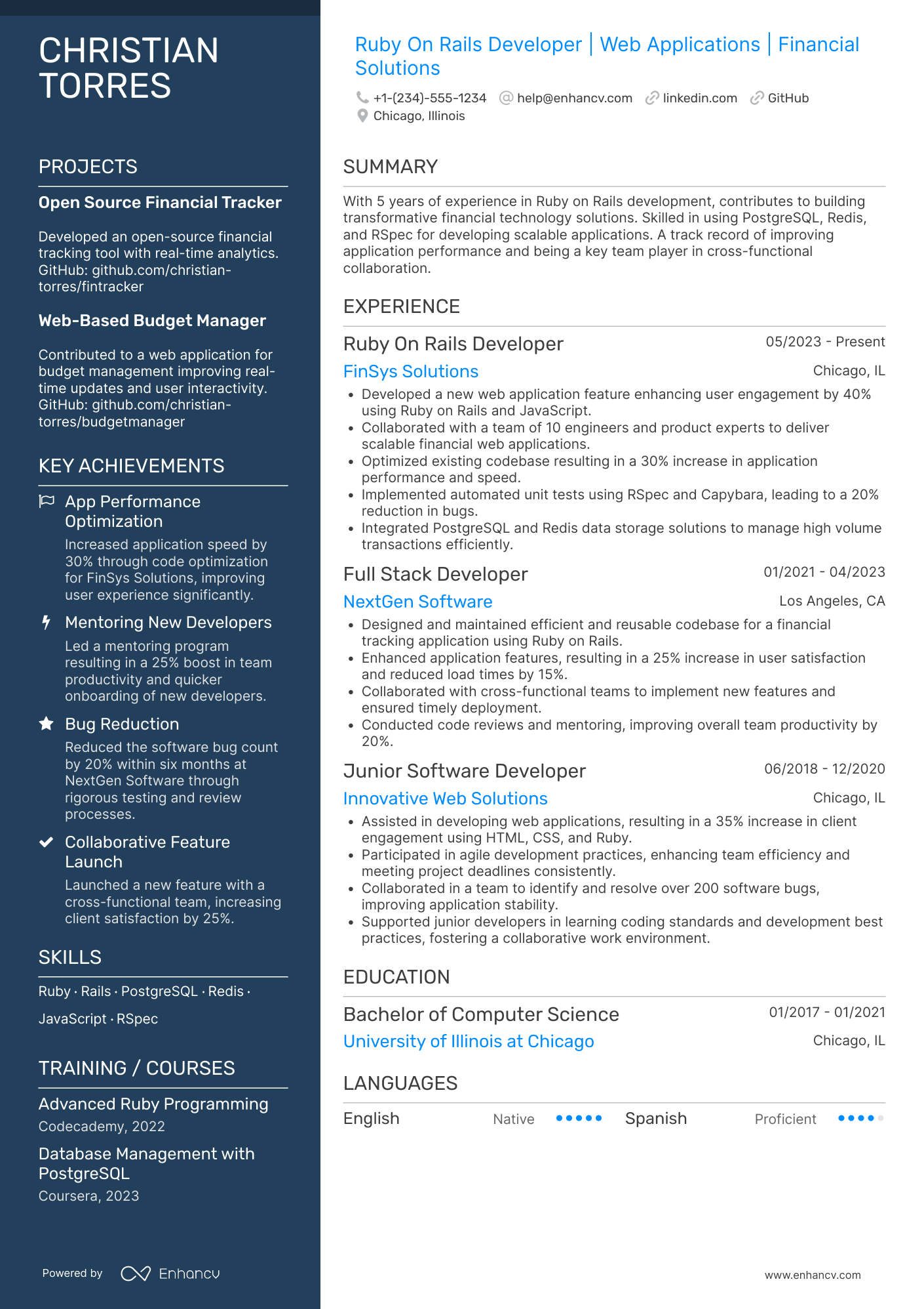 Ruby On Rails Developer resume example