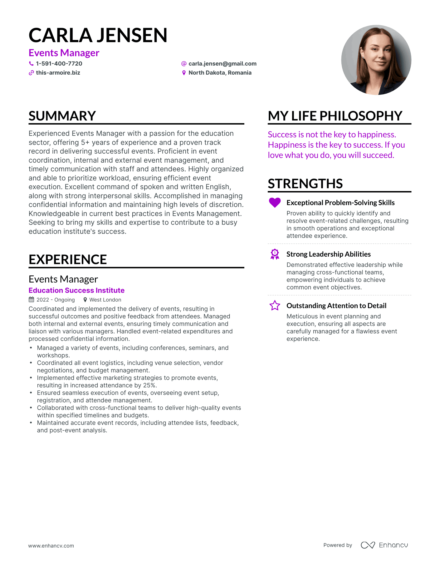 Events Manager resume example