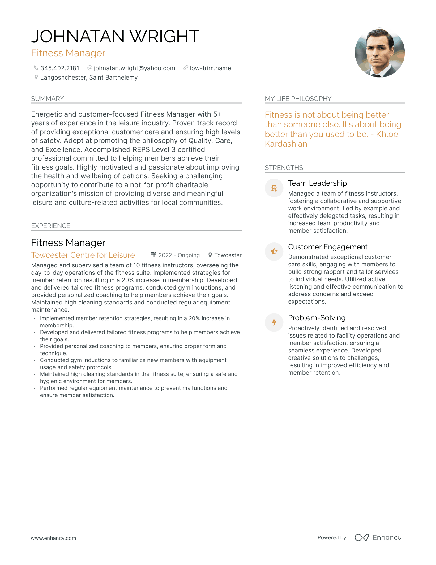 Modern Fitness Manager Resume Example