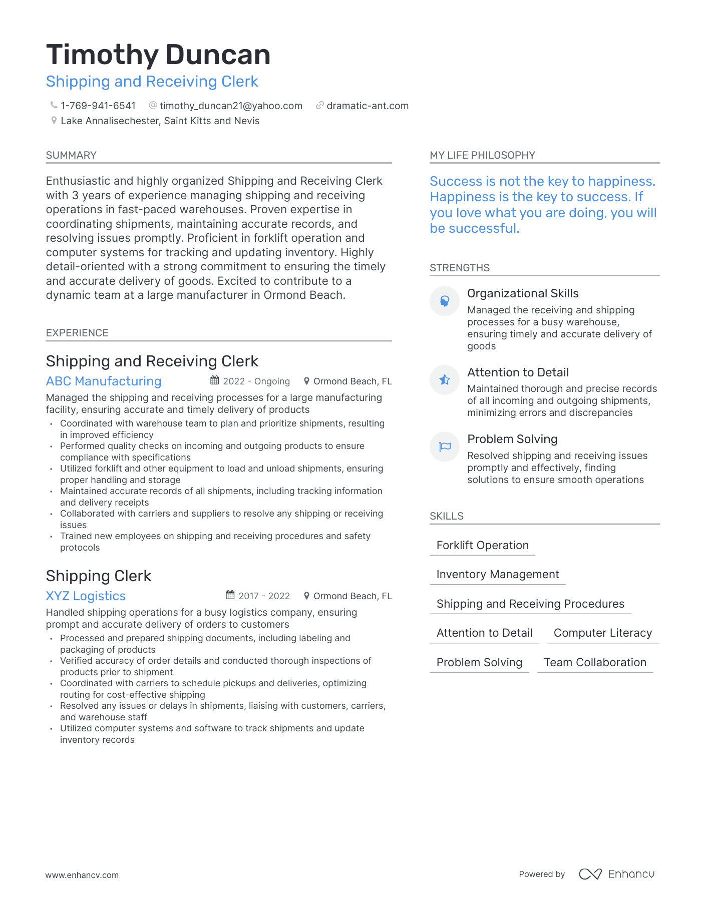 Shipping and Receiving Clerk resume example