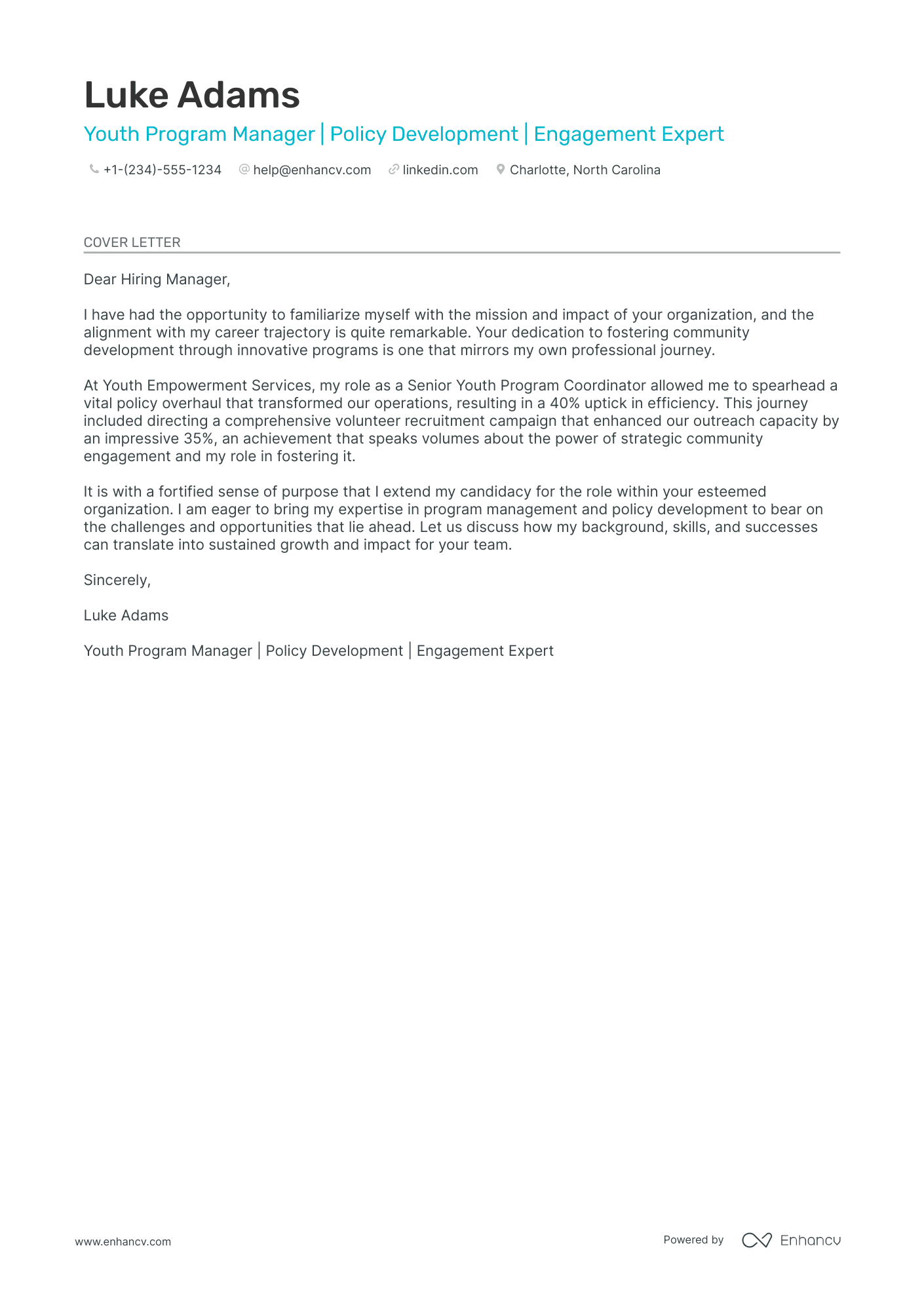 Youth Program Manager cover letter
