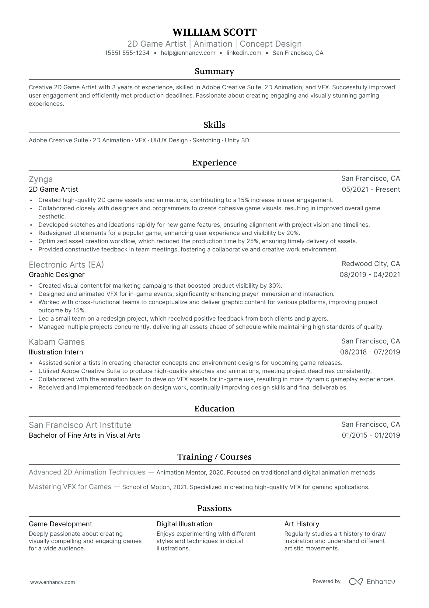 2D Artist resume example