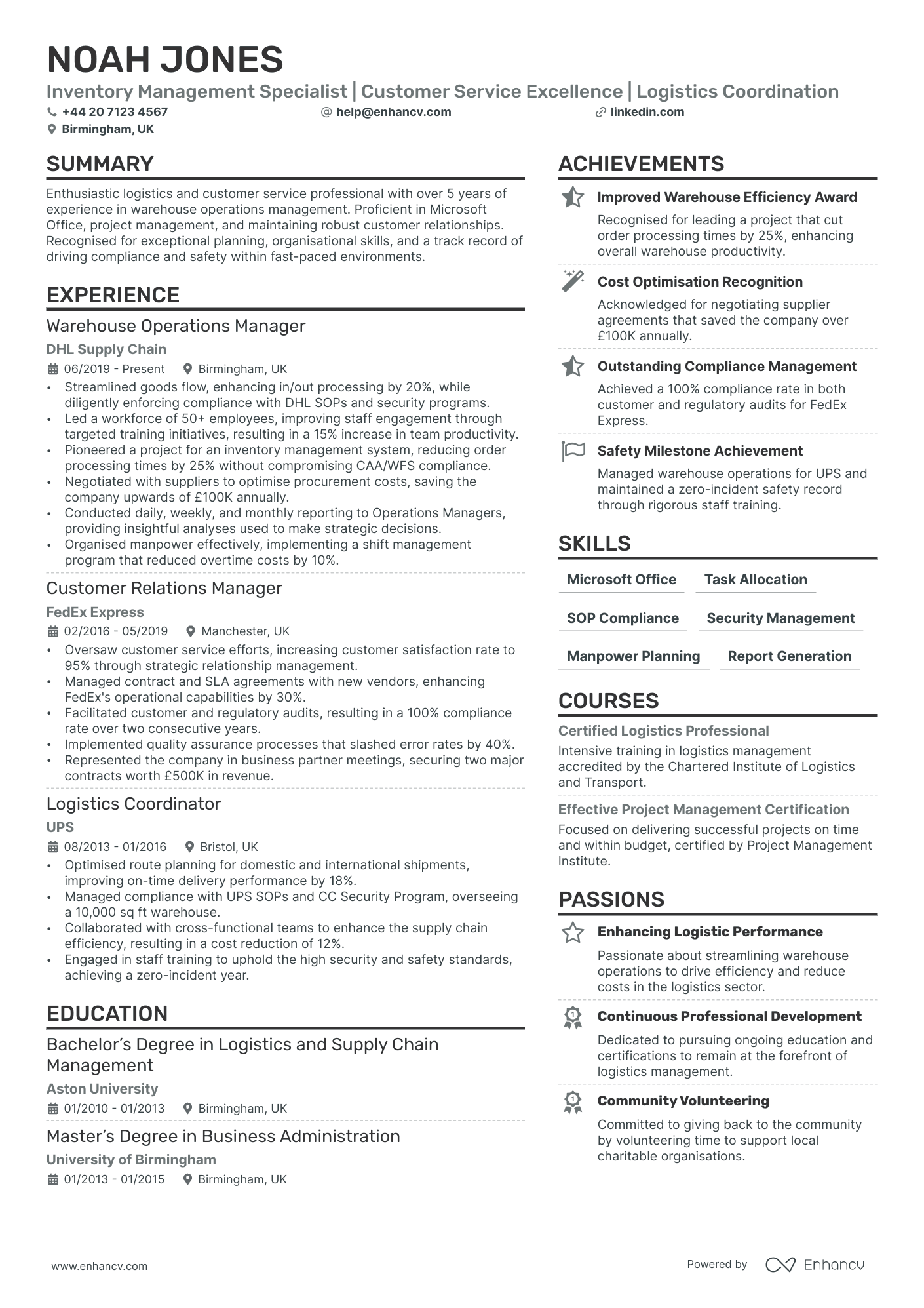 Customer Service Manager cv example