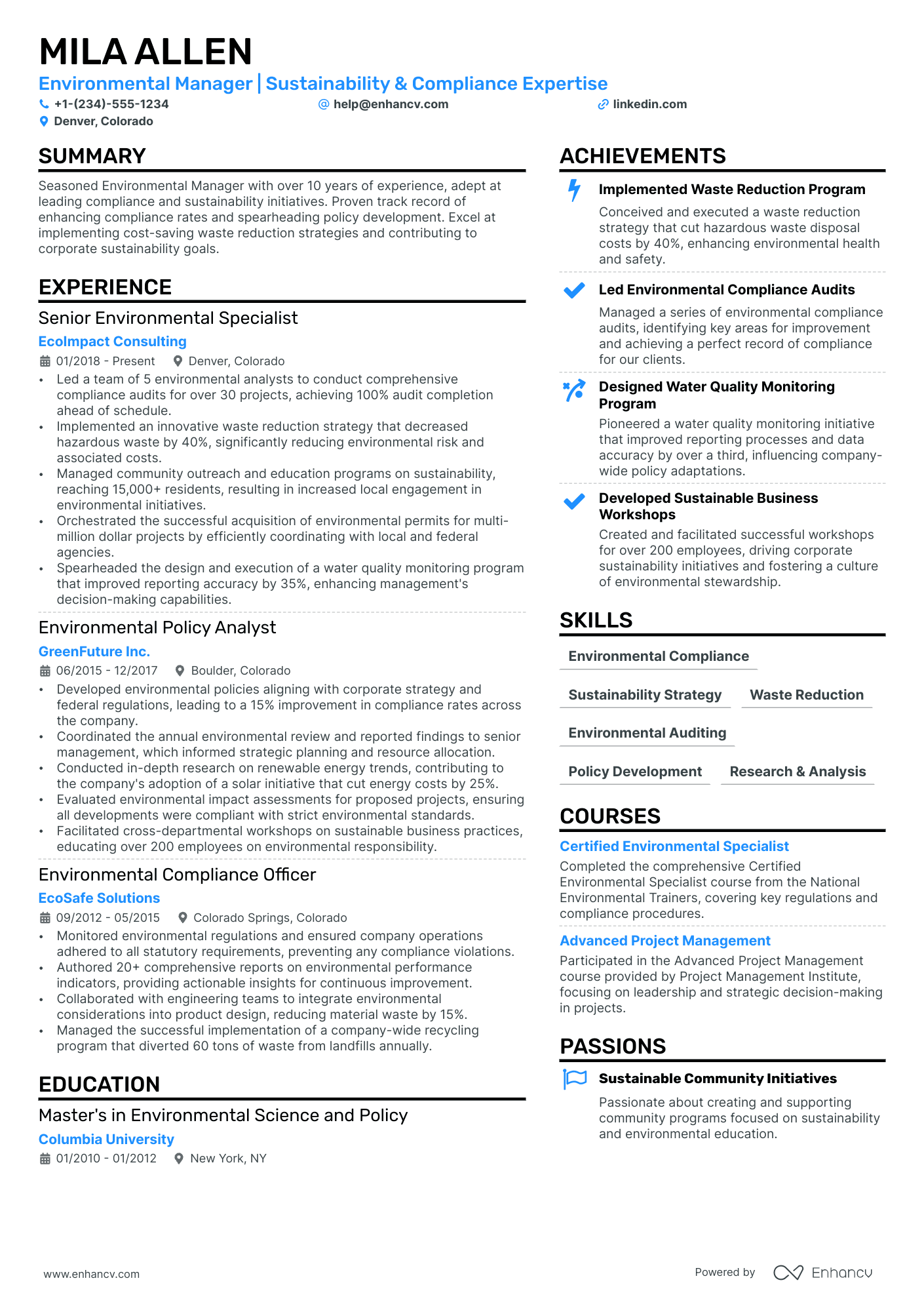 Environmental Manager resume example