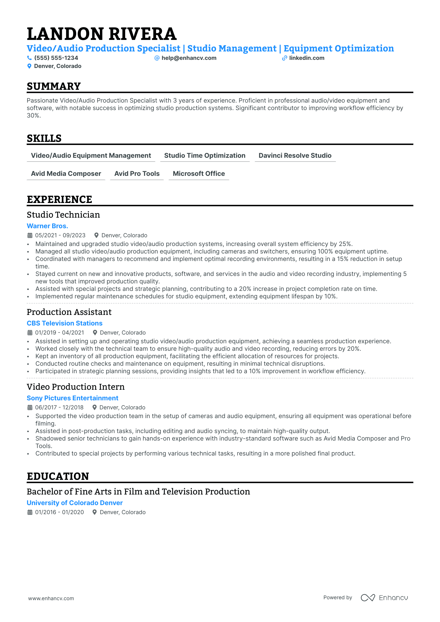 Studio Audio Engineer resume example