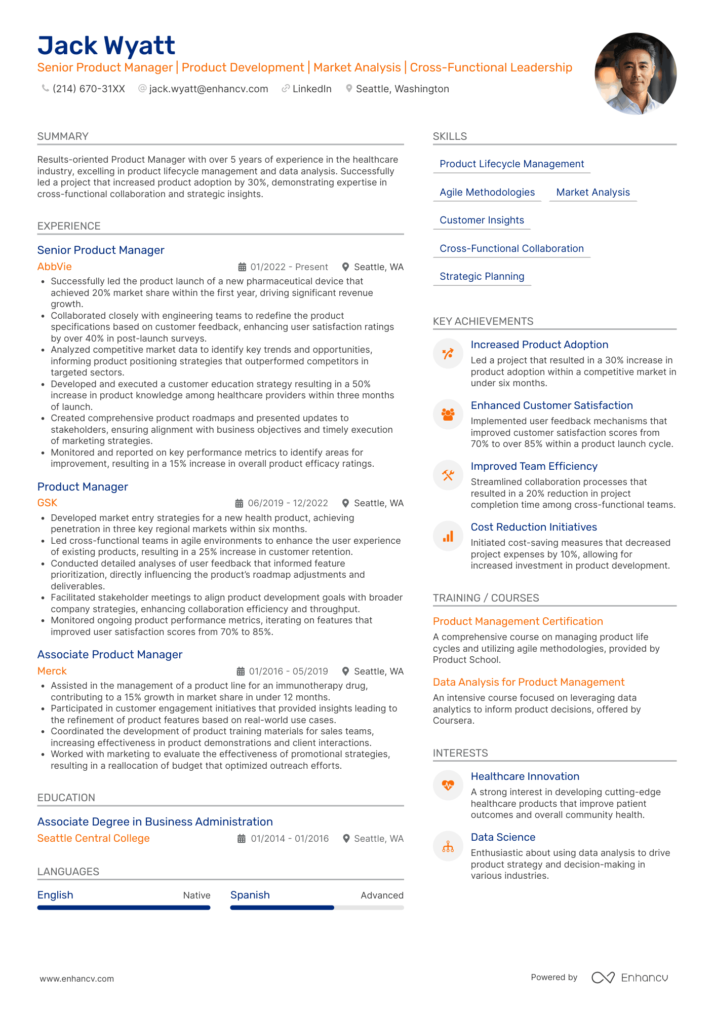 A product manager resume with two columns with orange and blue accent colors.y and an experience section in focus.