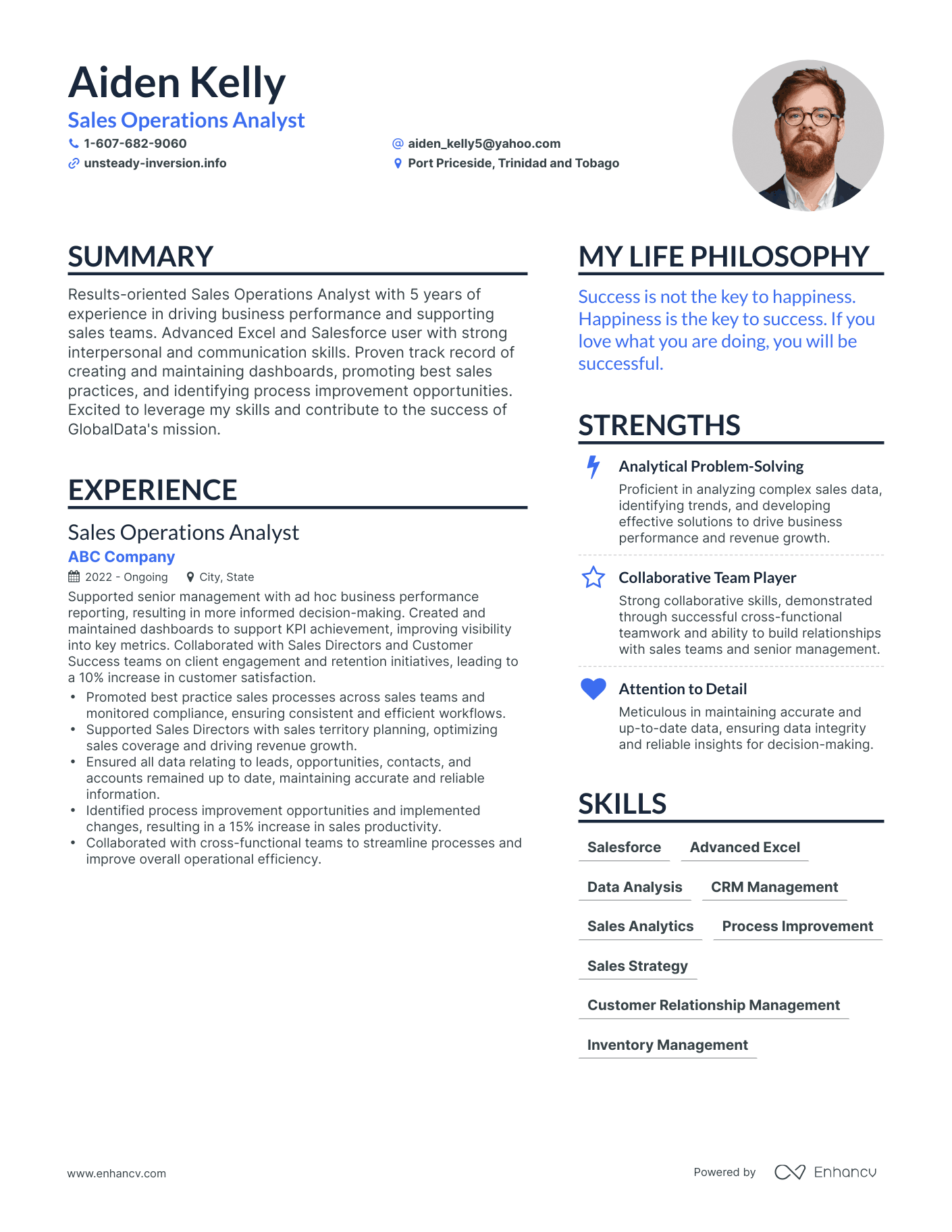 Sales Operations Analyst resume example