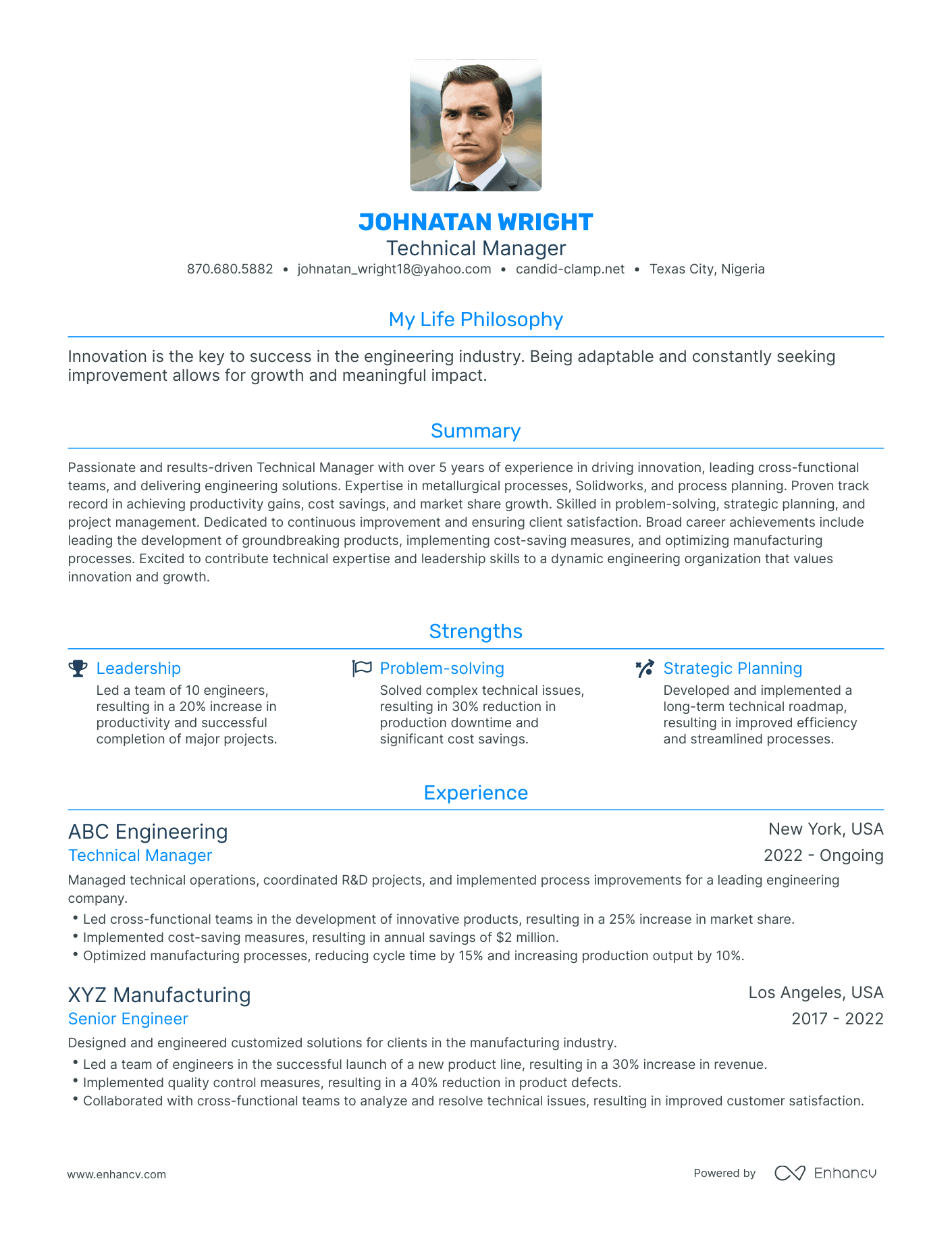 Modern Technical Manager Resume Example