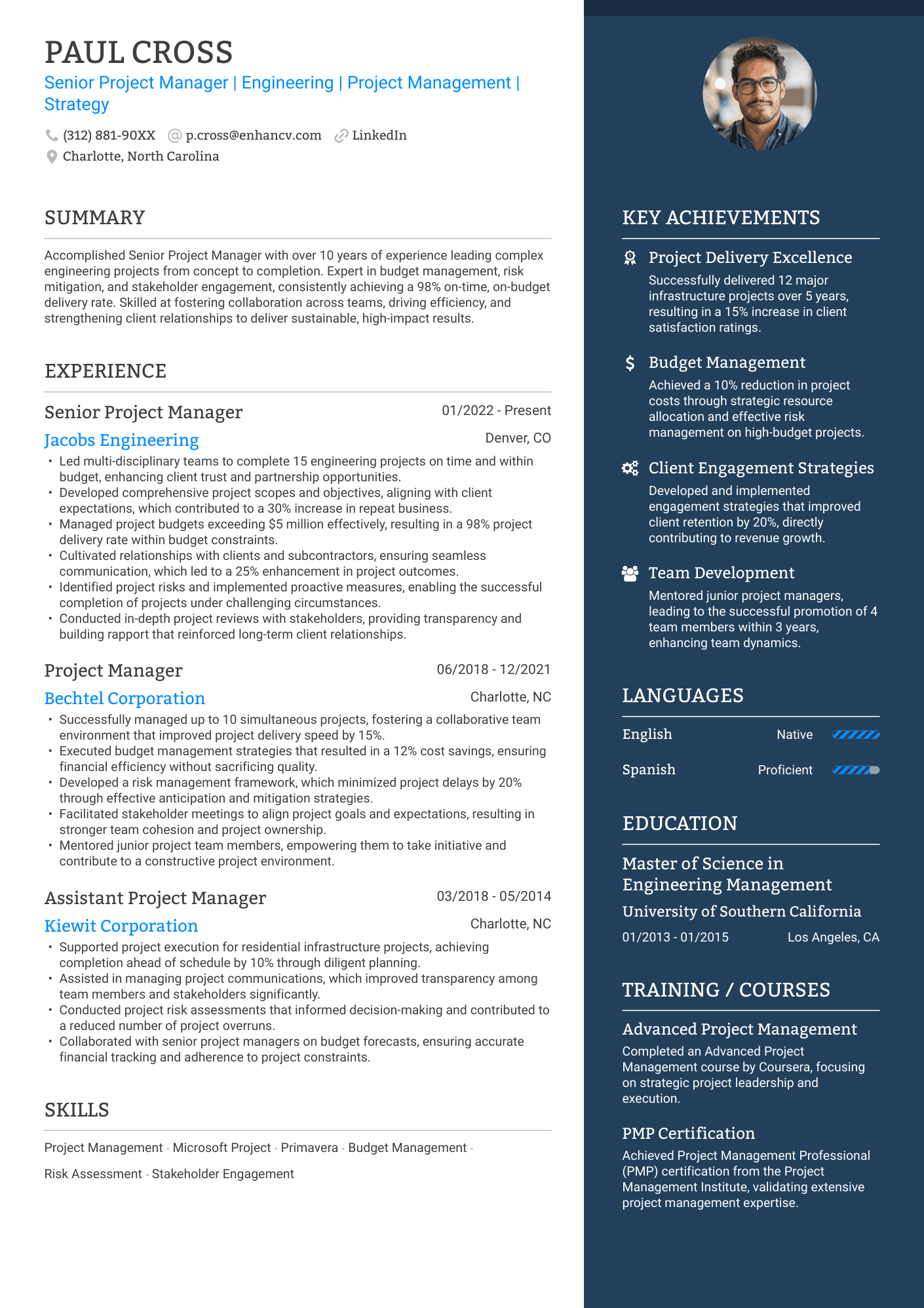 Blue Elegant resume template A two column resume template with a wider column for experience and a narrower, blue colored column for your highlights.