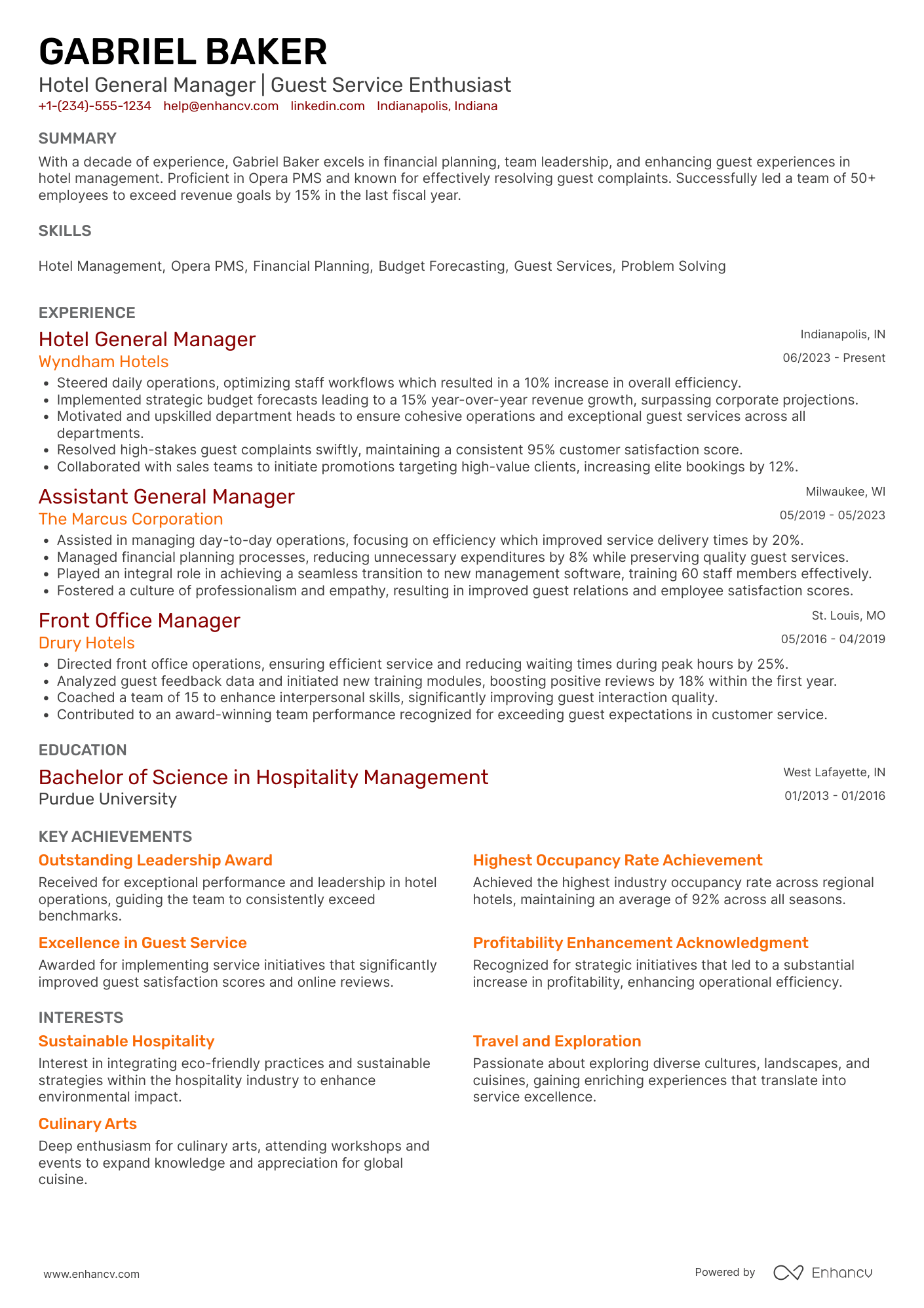Hotel General Manager resume example