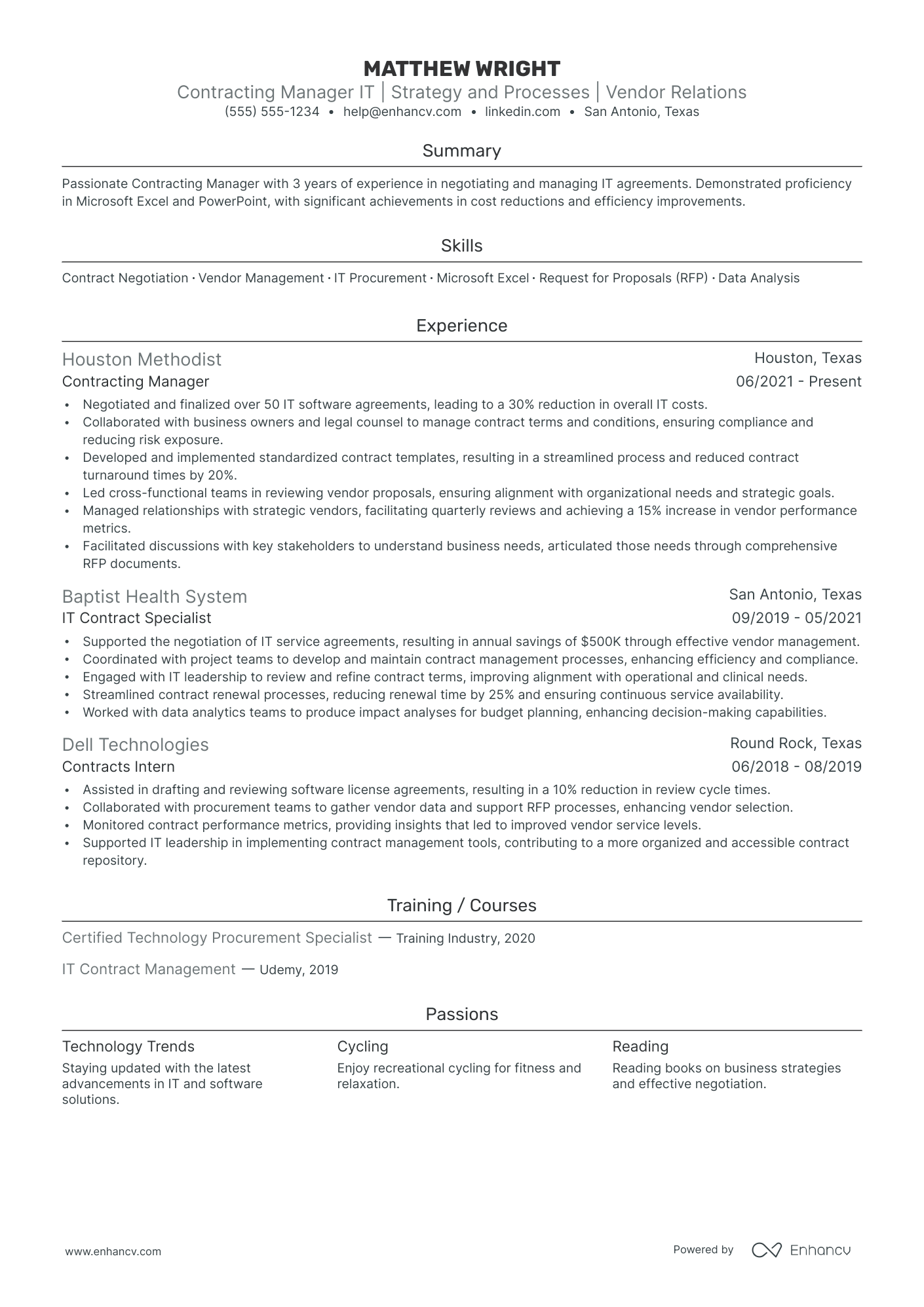 IT Contract Manager resume example