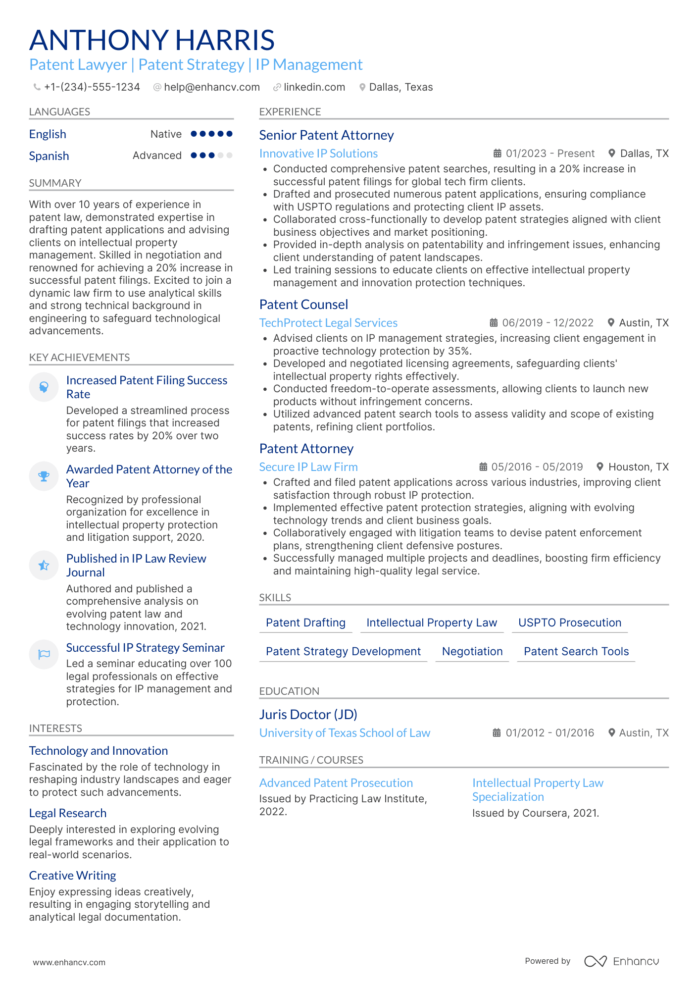 Patent Lawyer resume example