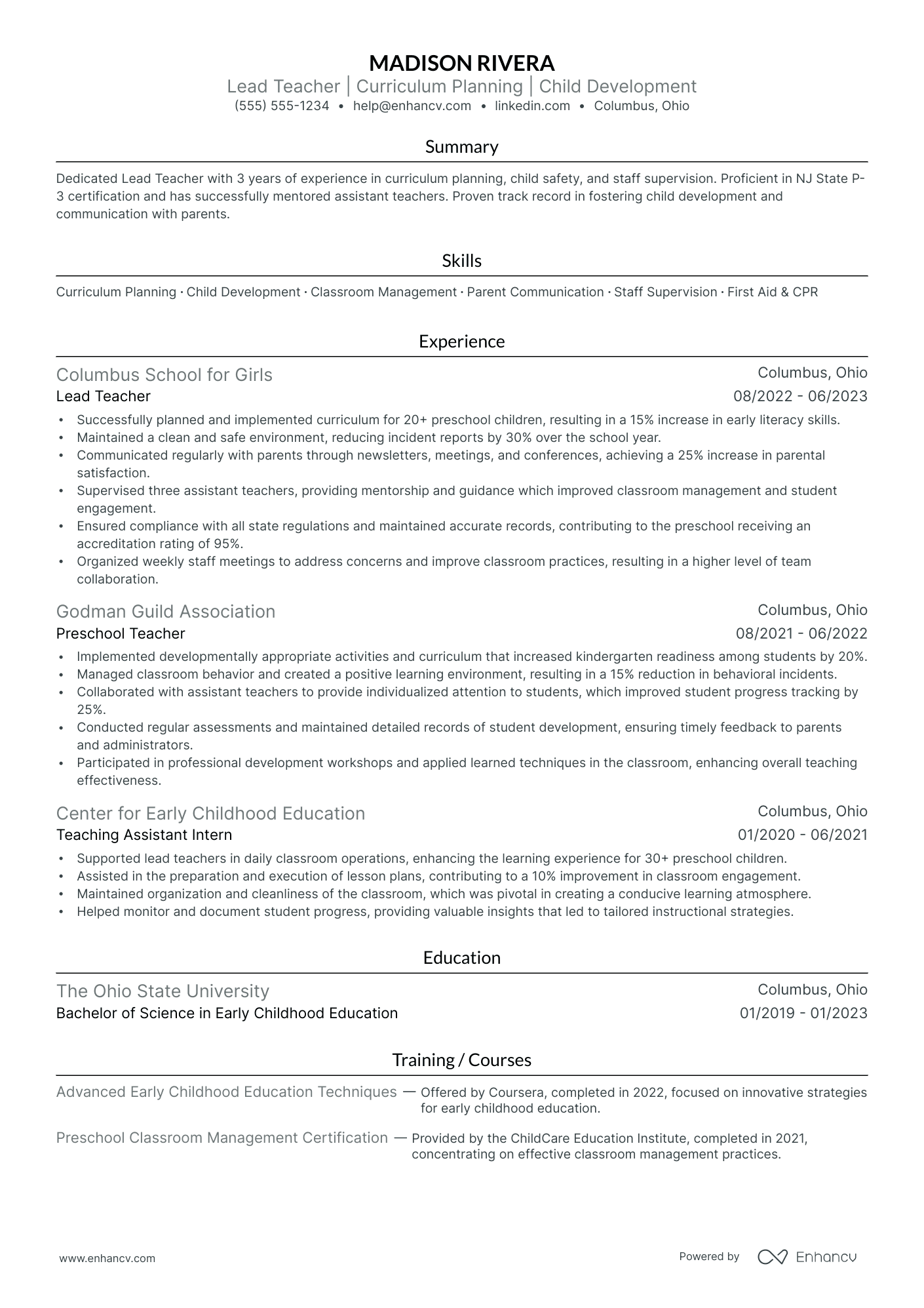 Certified Preschool Teacher resume example