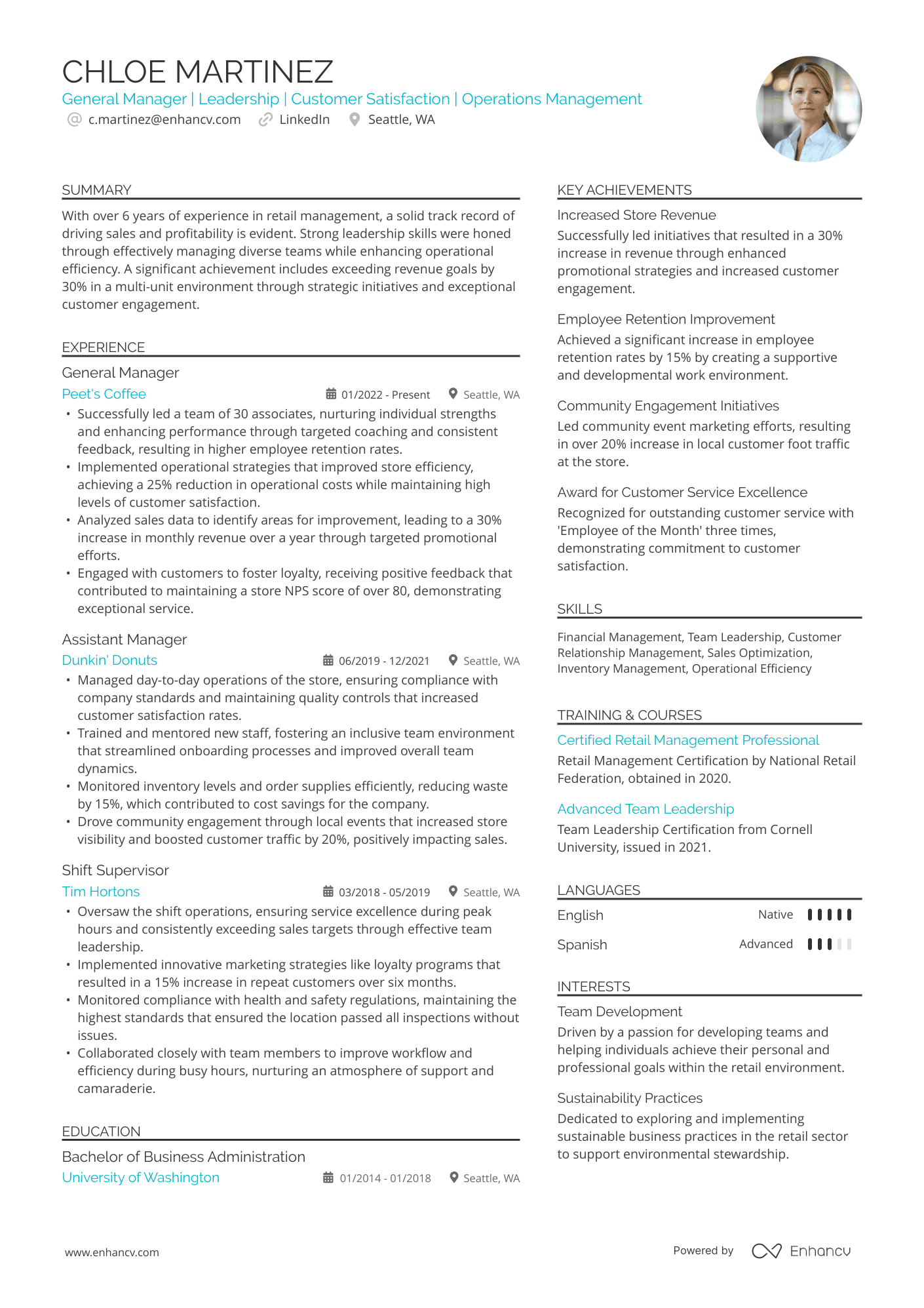 High Performer ATS resume template featuring a data driven layout with ATS compatible visual elements, tables, and a real General Manager resume example with a light blue accent color..