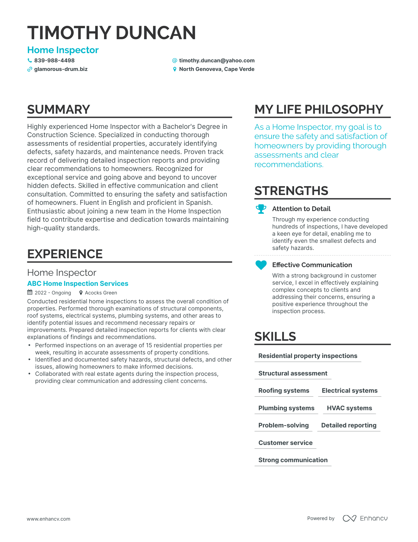 Modern Home Inspector Resume Example