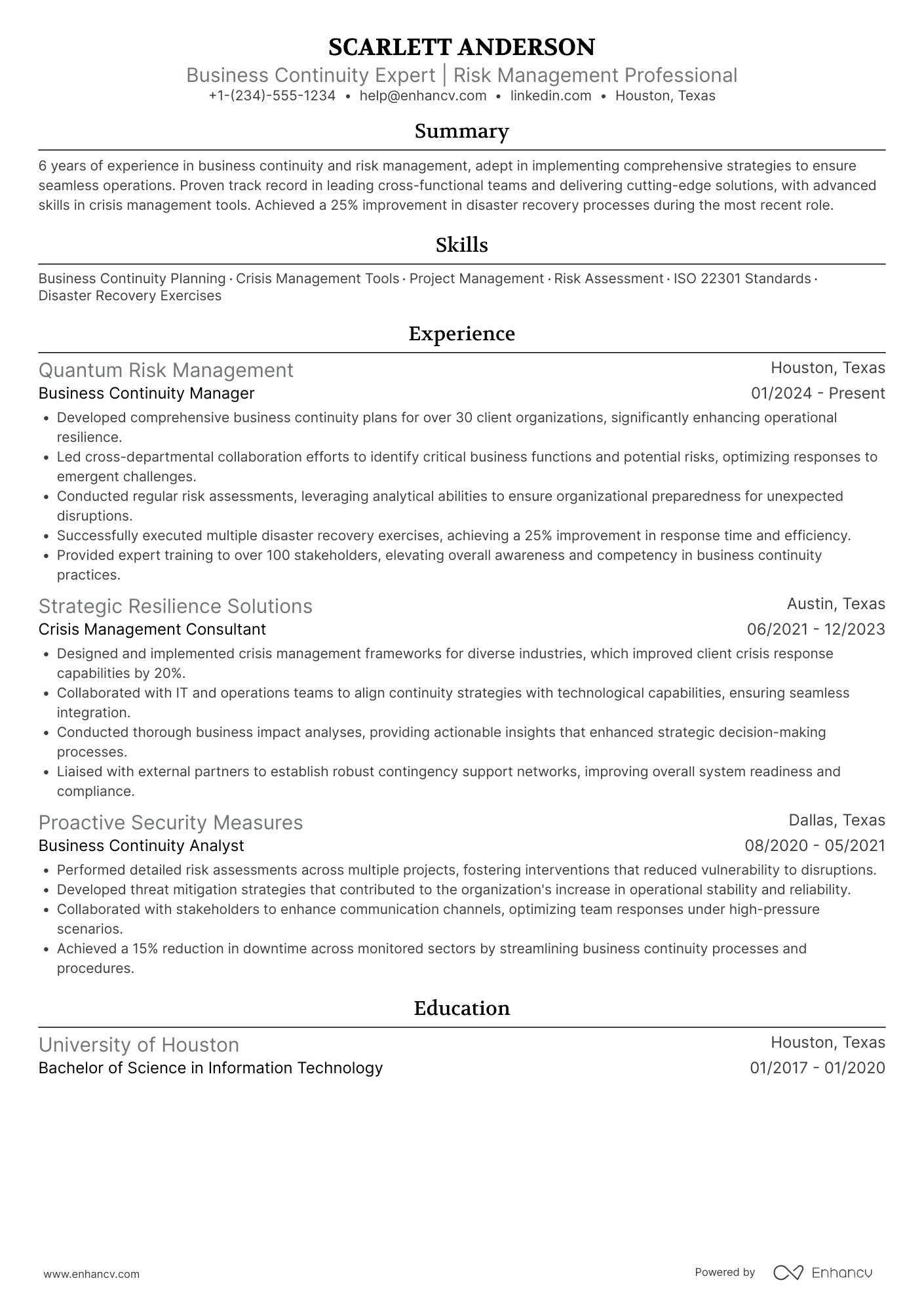 Business Continuity Manager resume example