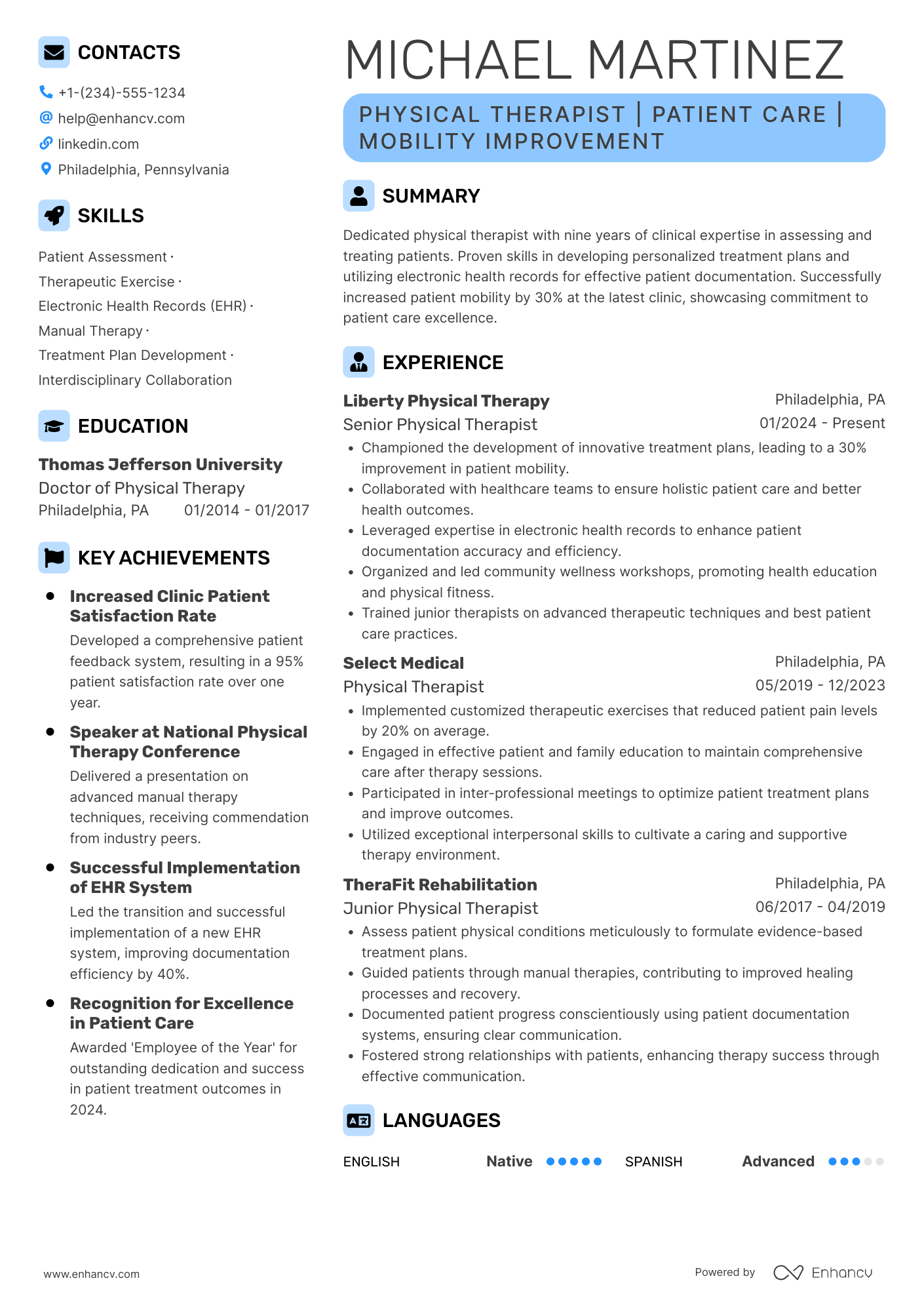 Physical Therapist resume example