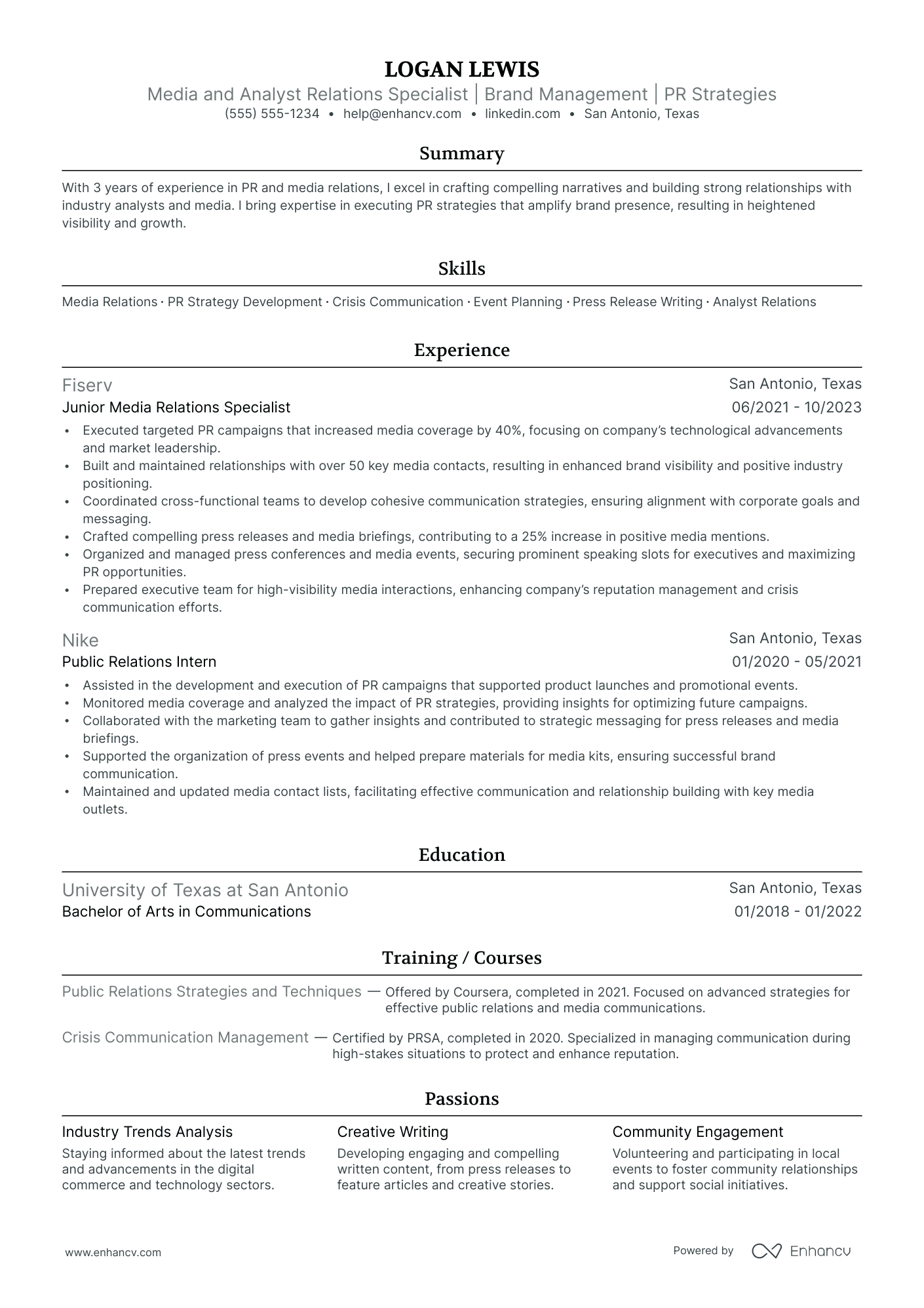 Public Relations Analyst resume example