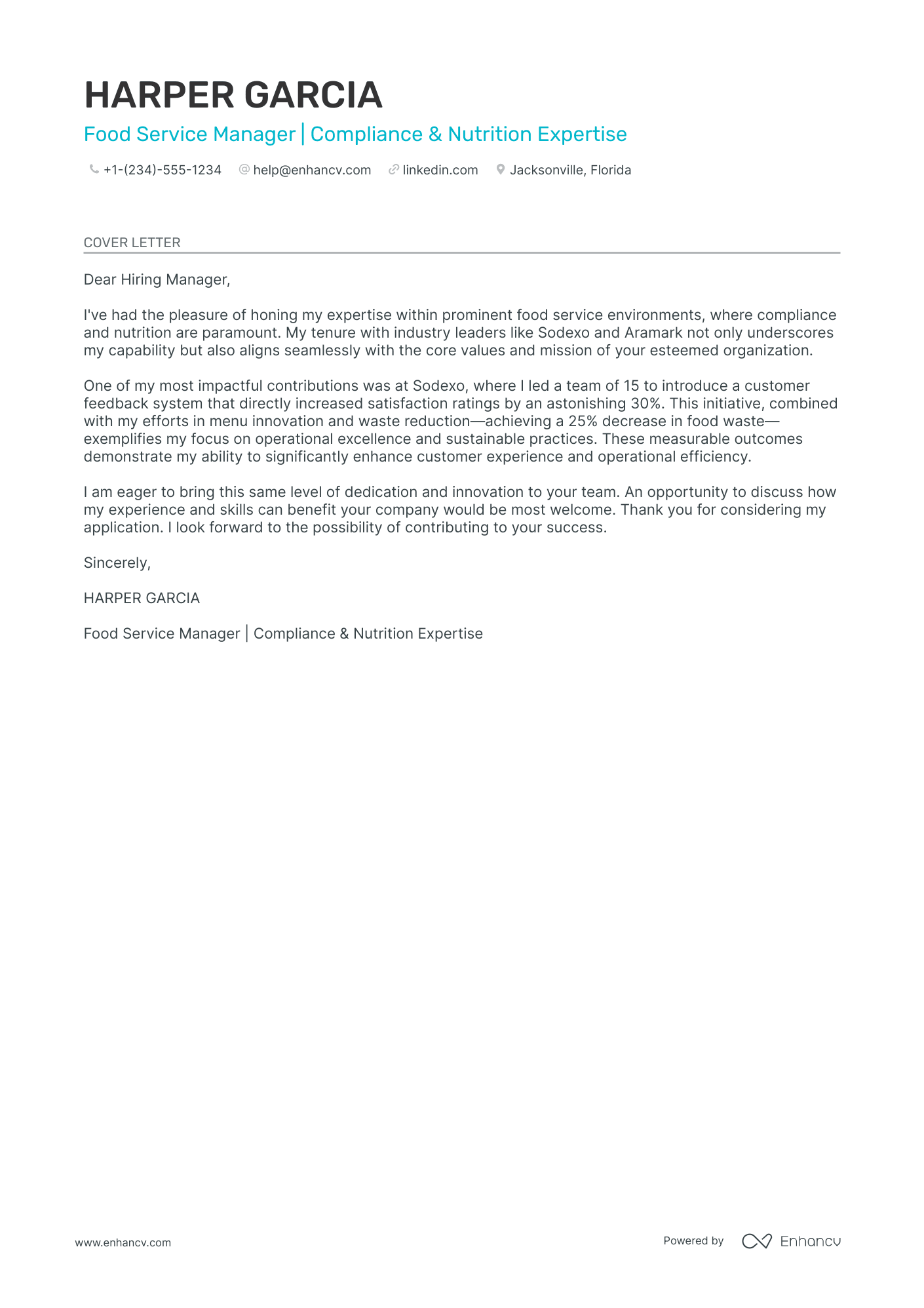Food Service Manager cover letter