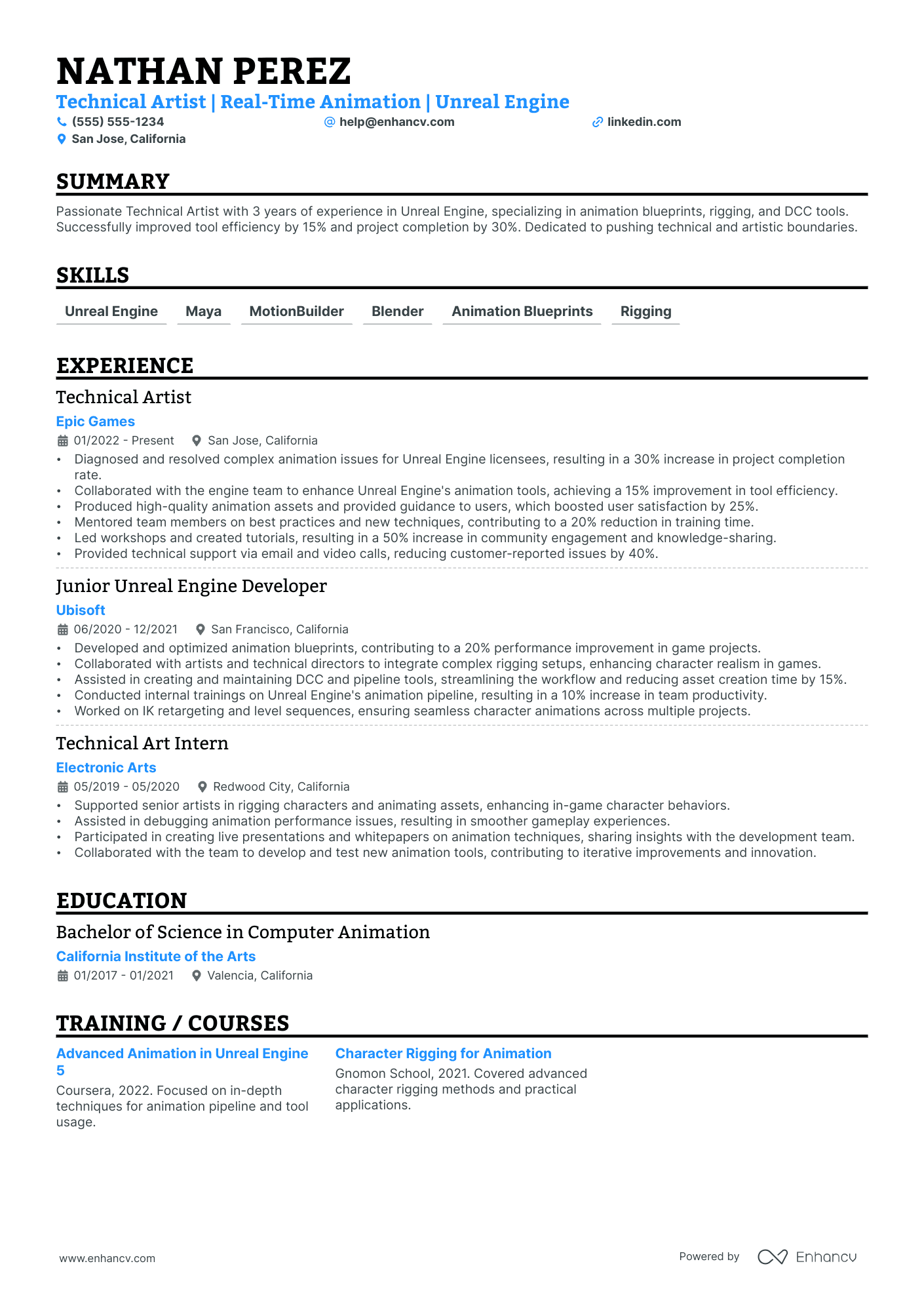 Technical Animator resume example