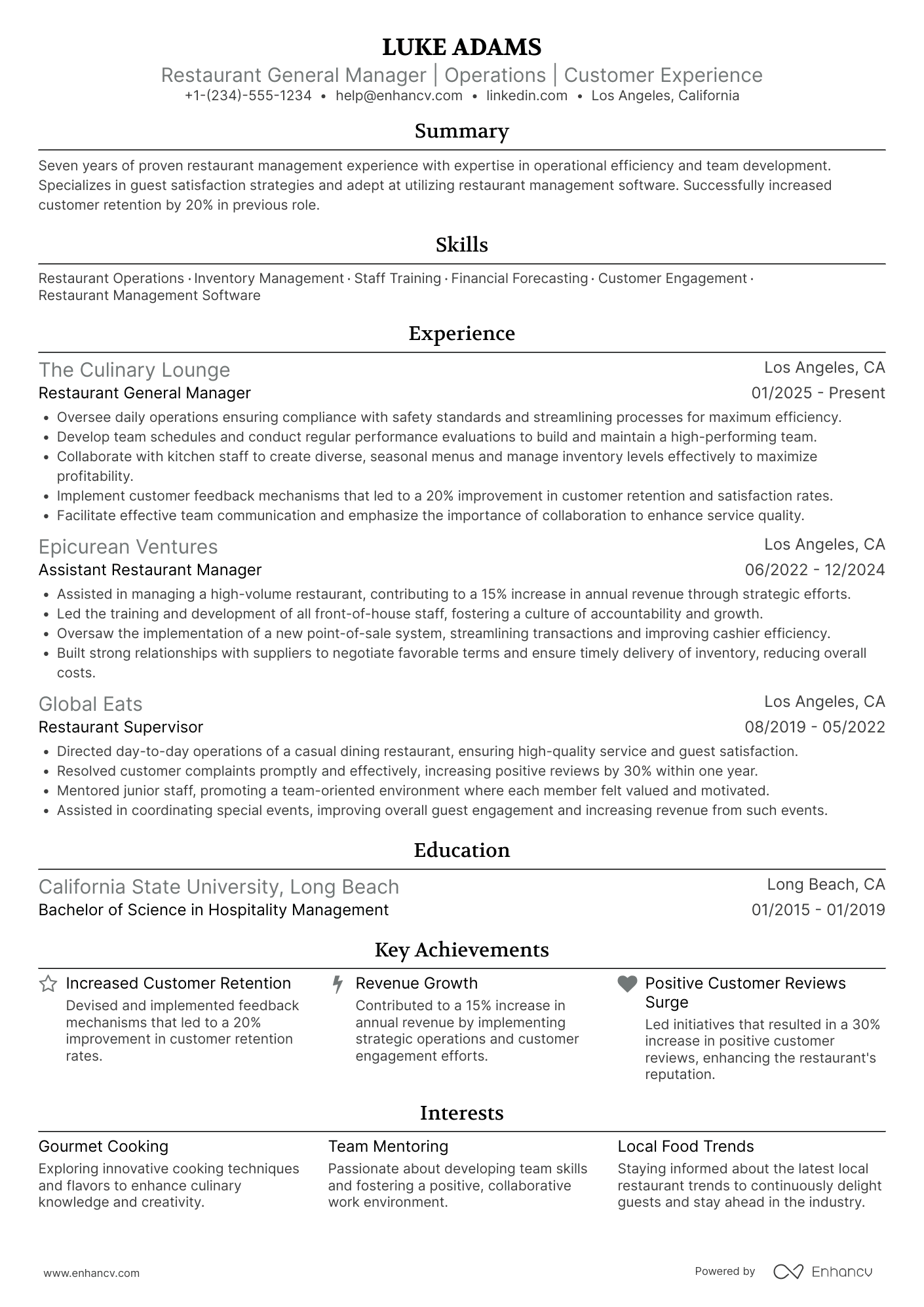 Restaurant General Manager resume example