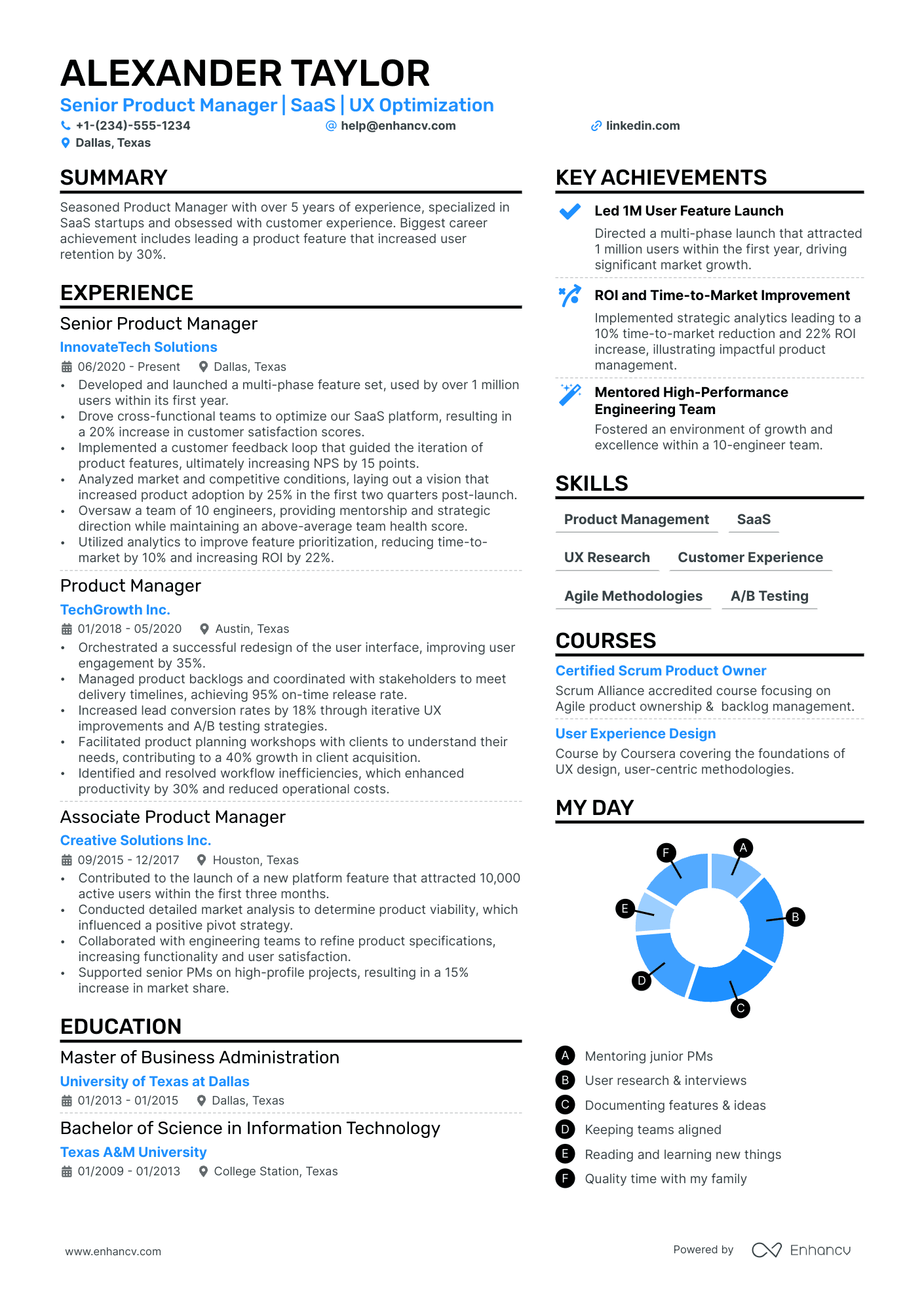 A two column resume with a blue accent color and focus on experience and achievements.