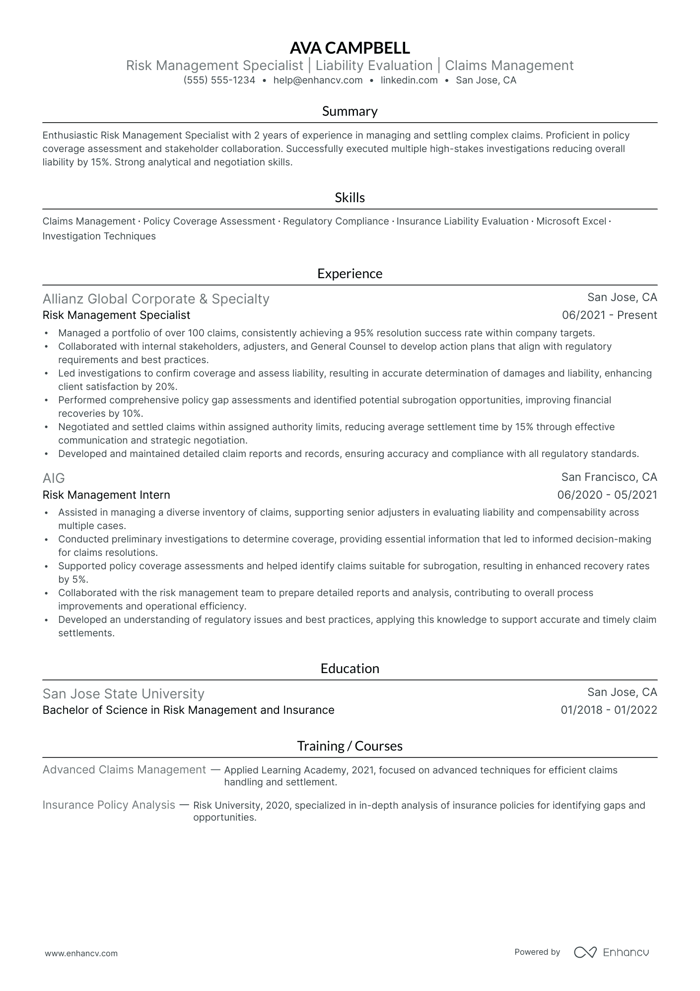 Risk Management resume example