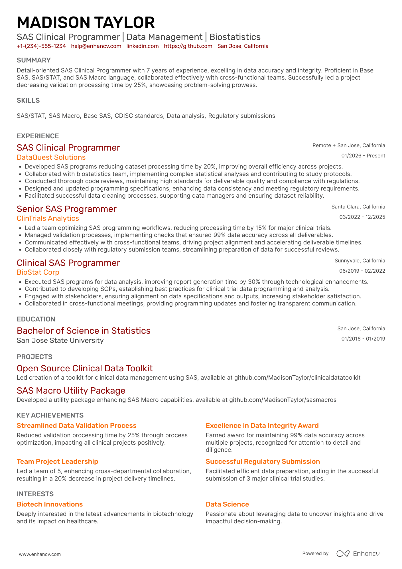 SAS Clinical Programmer resume example