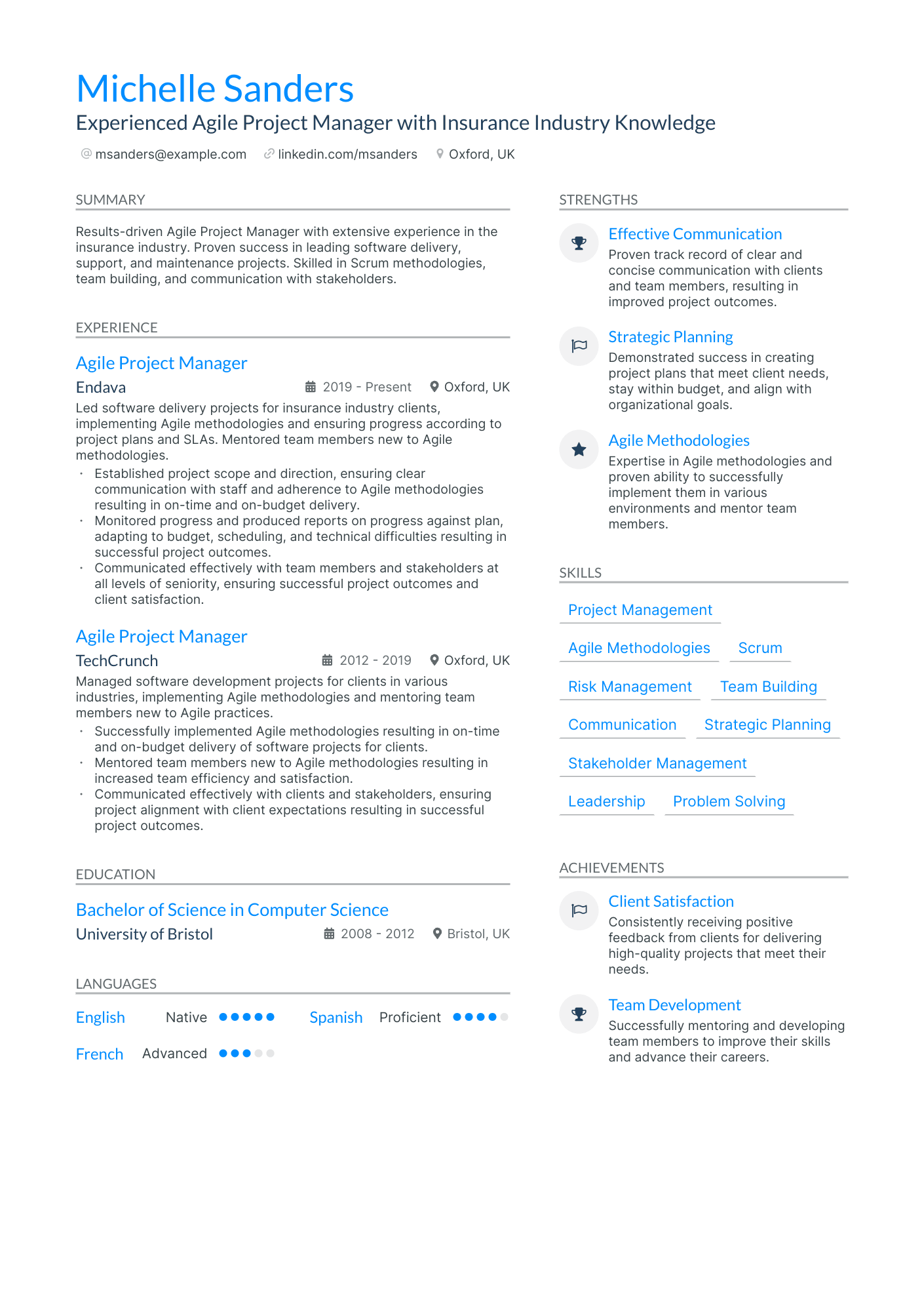Experienced Agile Project Manager with Insurance Industry Knowledge CV example