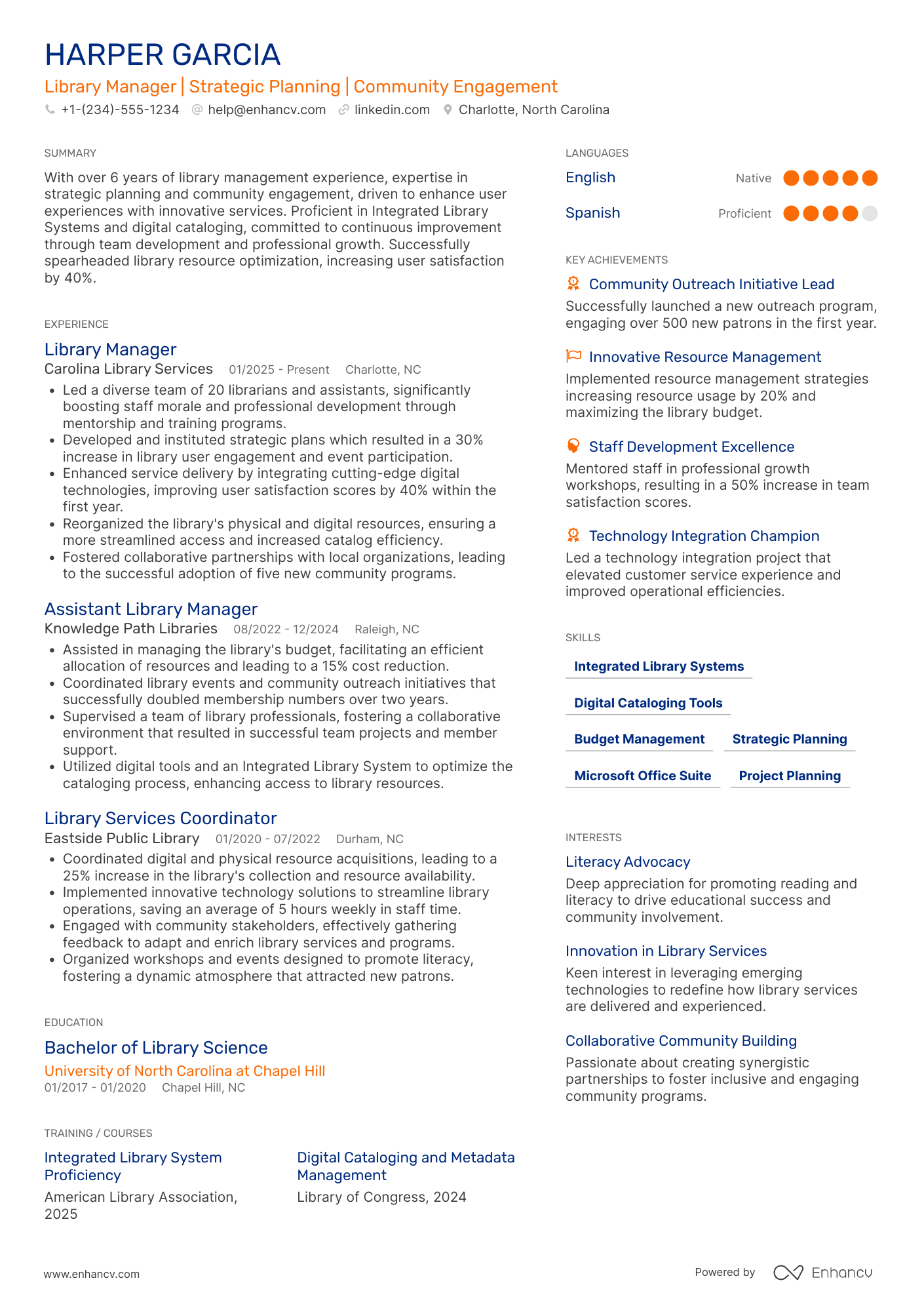 Library Manager resume example