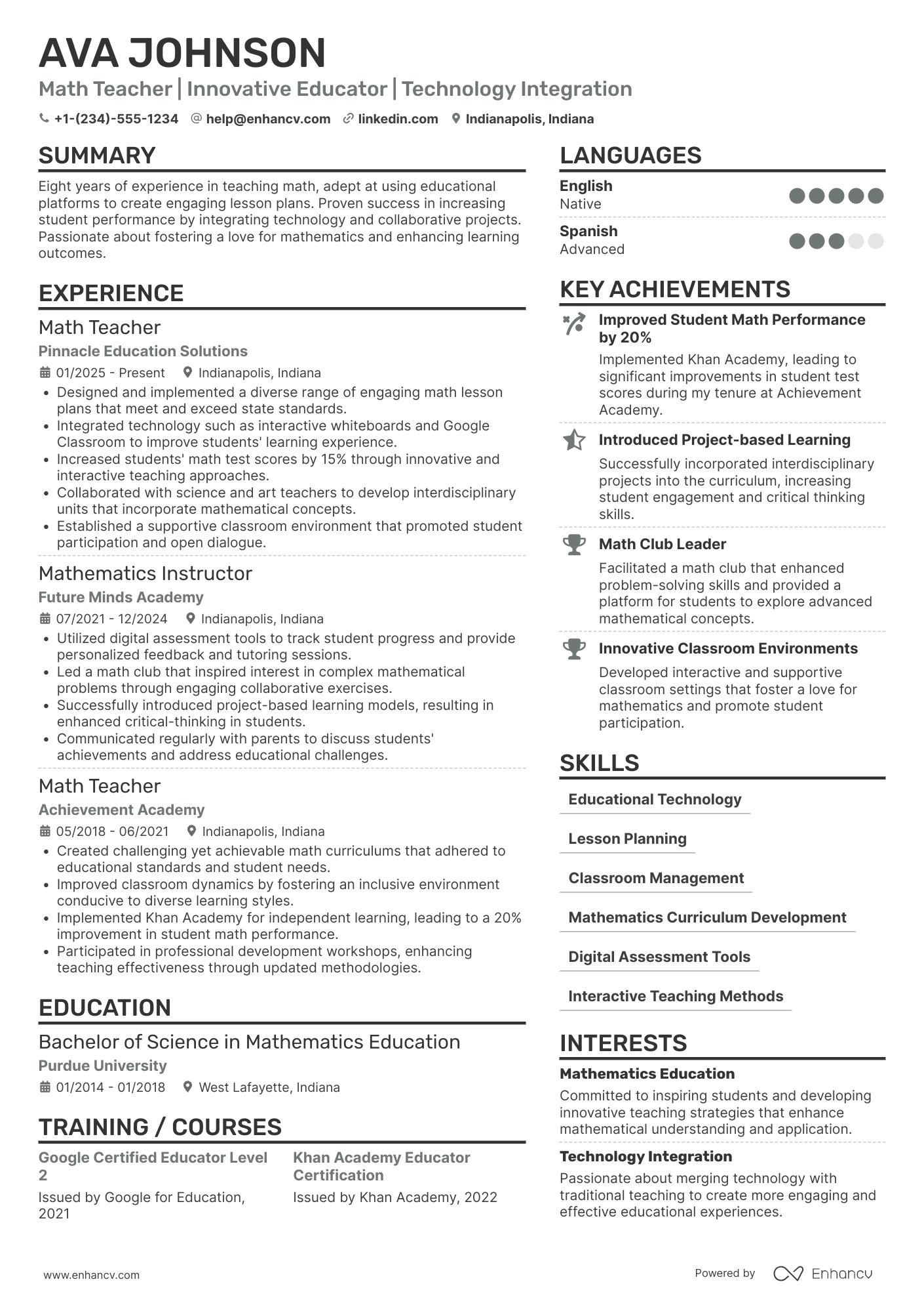 Math Teacher resume example