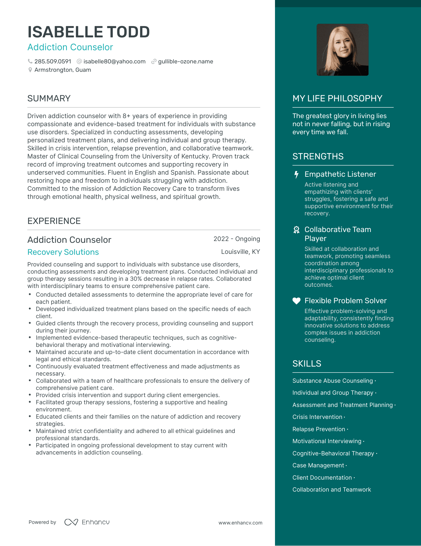 Modern Addiction Counselor Resume Example