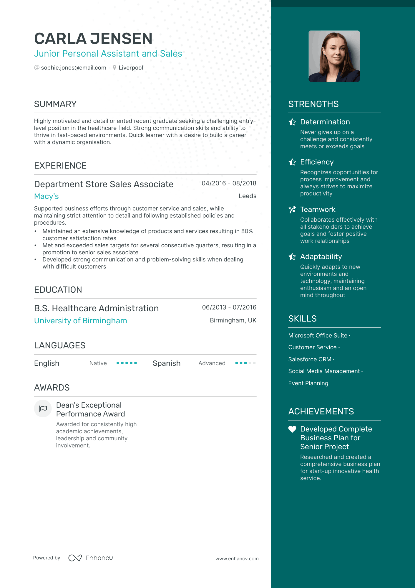 Junior Personal Assistant and Sales CV example