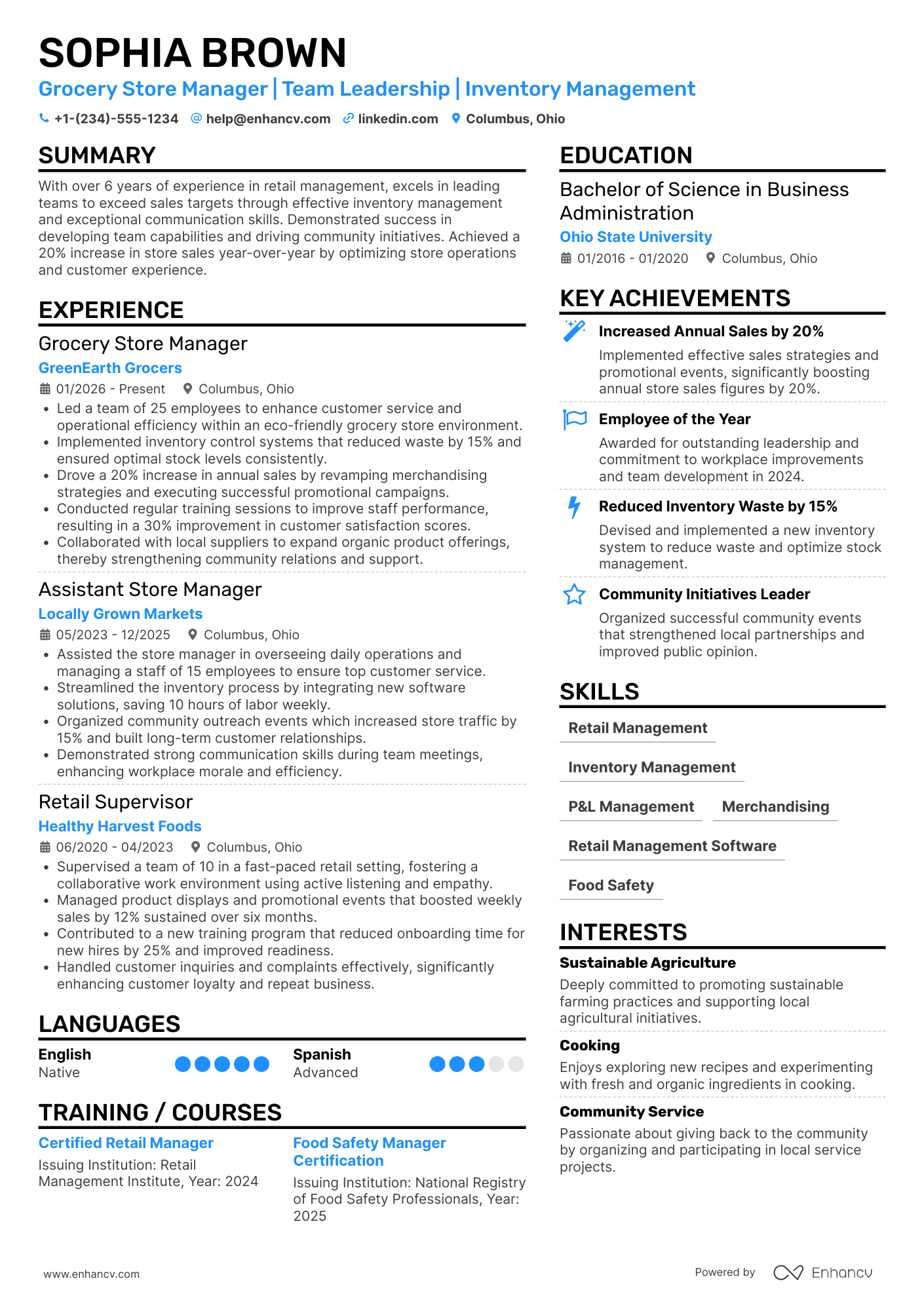 Grocery Store Manager resume example