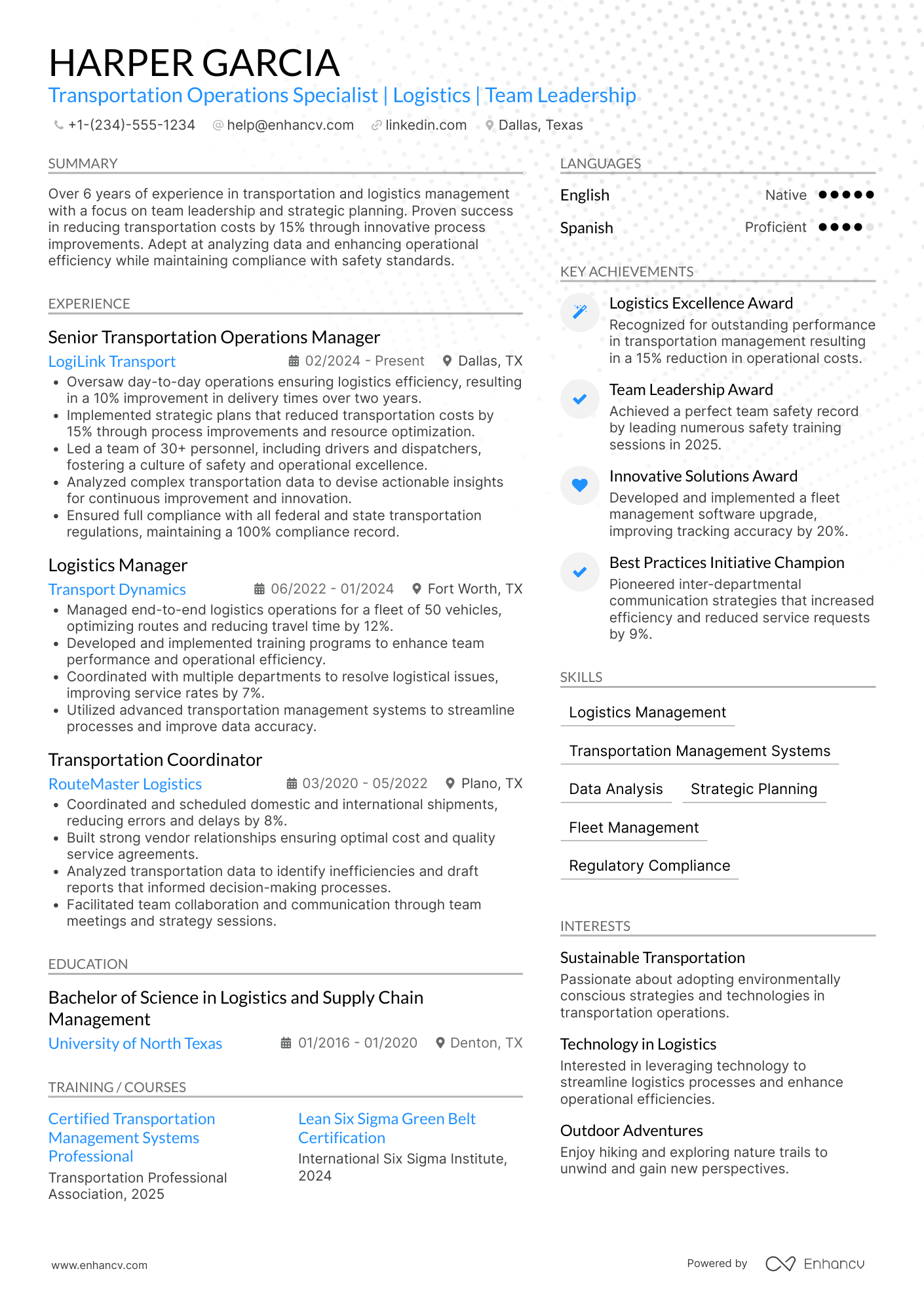 Transportation Operations Manager resume example