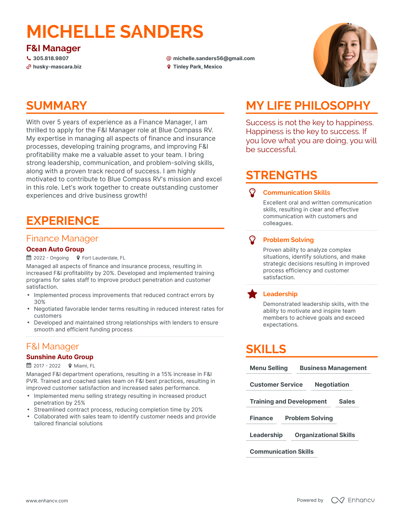 Modern F&I Manager Resume Example