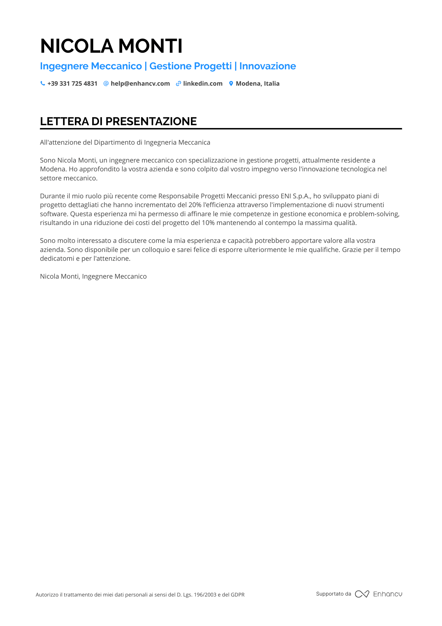 Ingegnere Lettera di presentazione